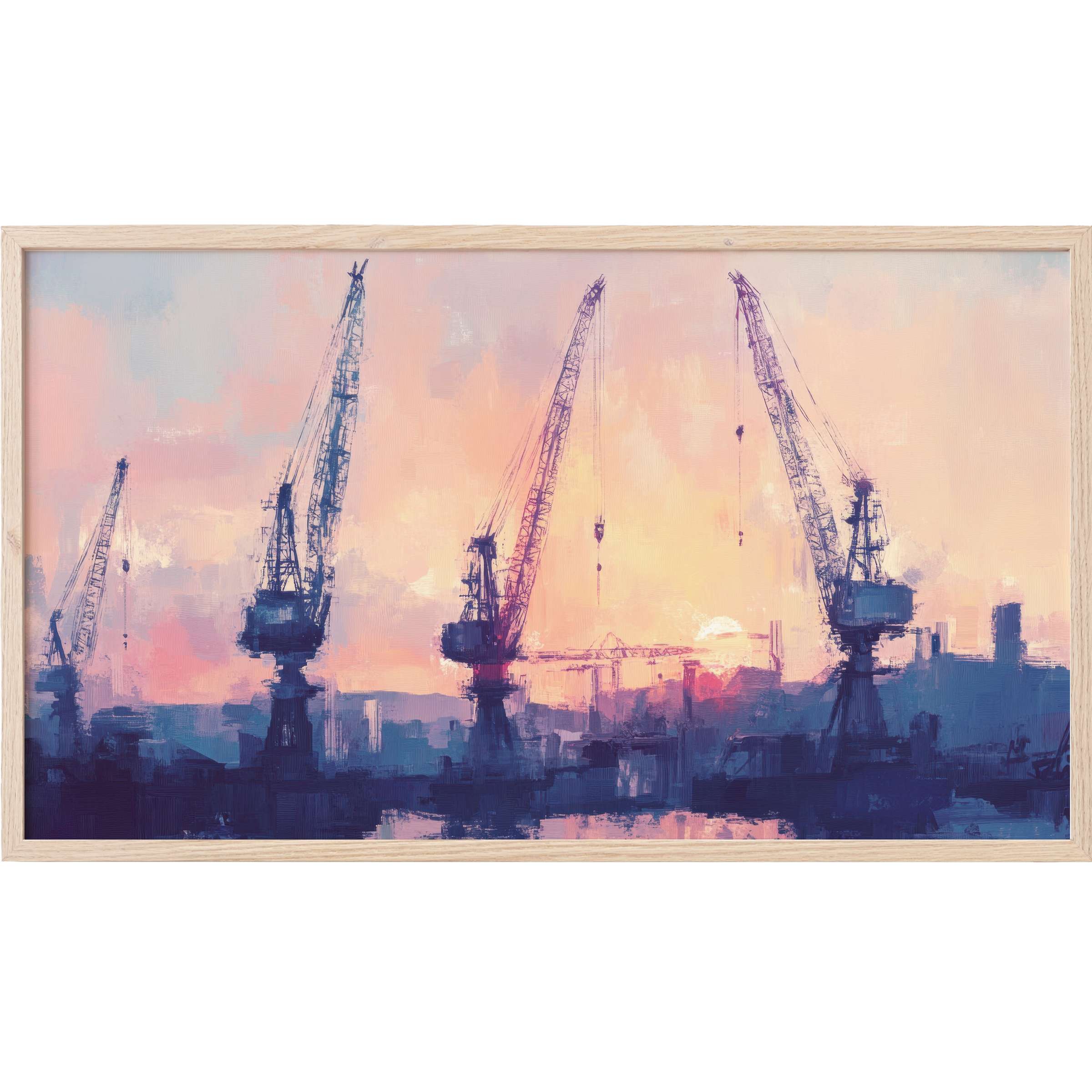 urban Frame TV Art featuring moody cranes in deep blues and soft pink sunsets, perfect for chic modern interiors