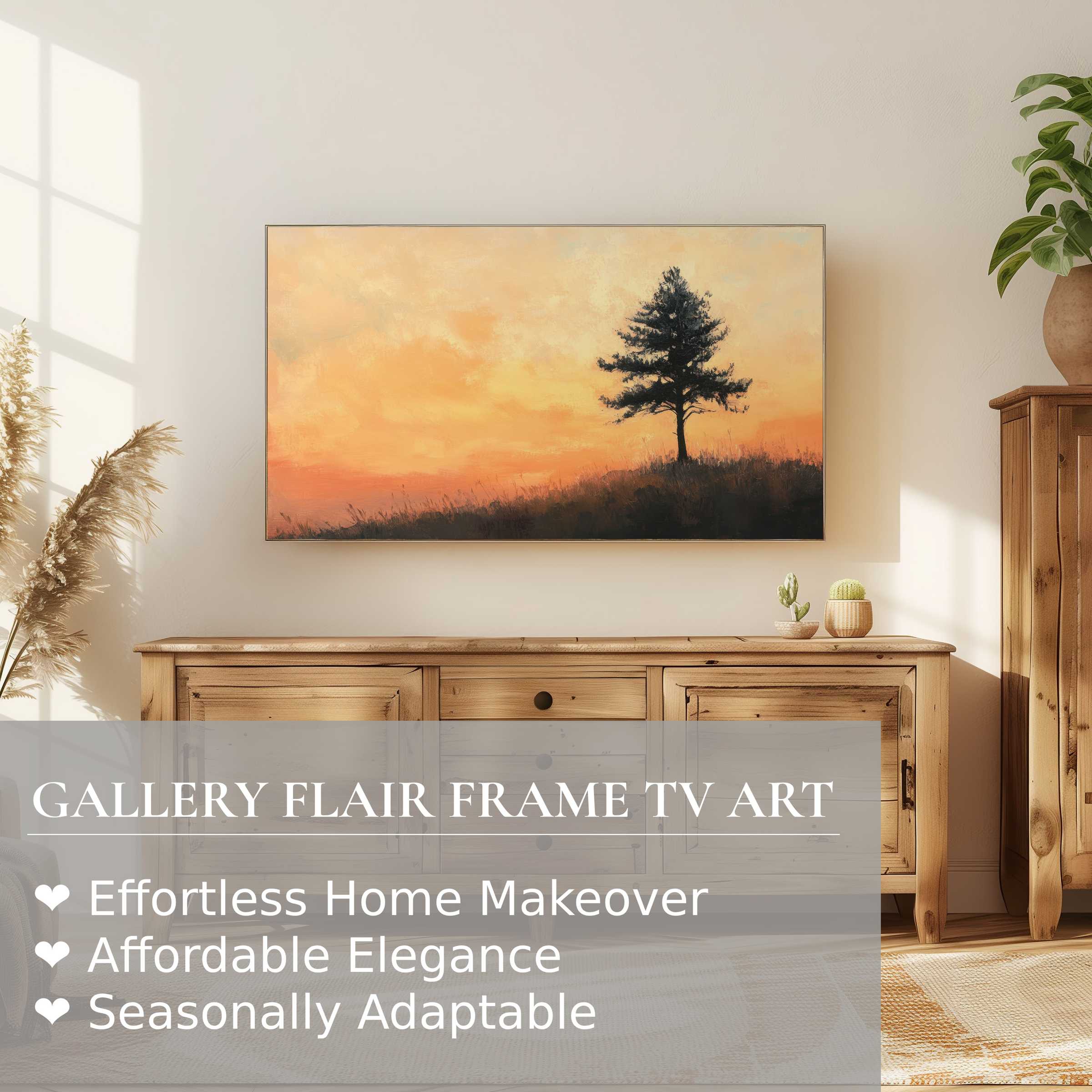 Samsung Frame TV displaying a serene tree digital artwork with warm sunset hues in a modern, elegant room