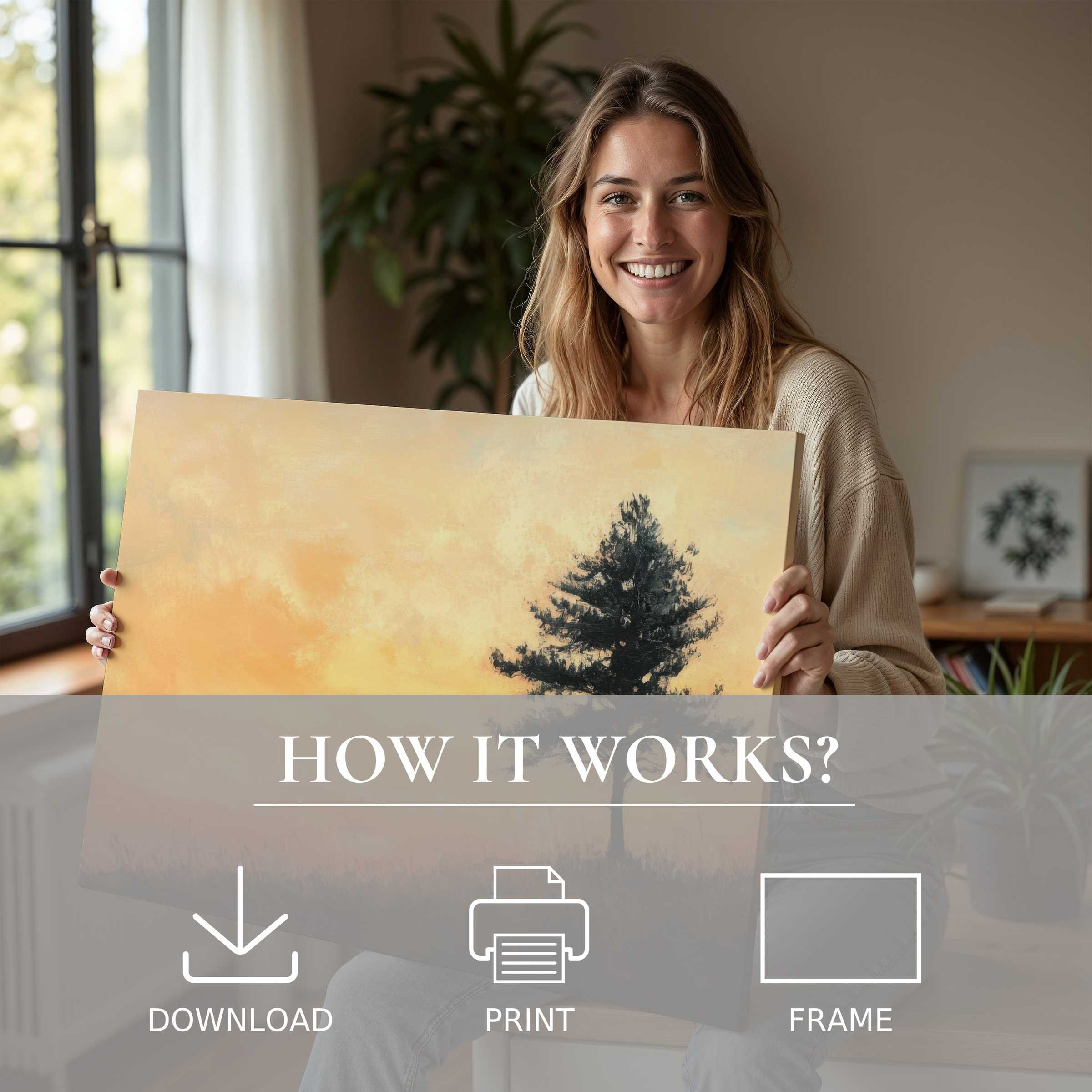 A radiant woman embraces a tree digital art print, infusing her modern home with warmth, connection, and artful serenity