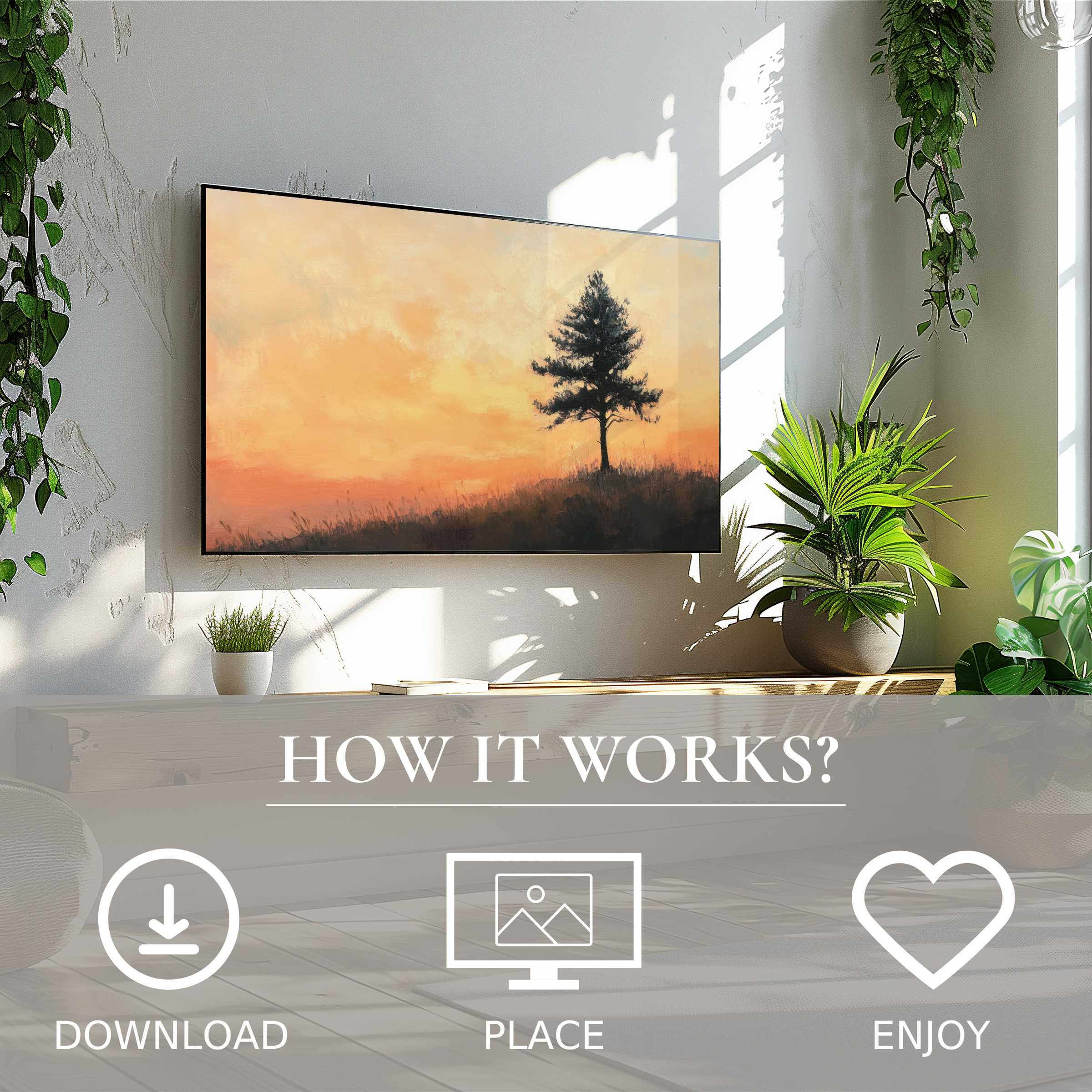 Tree art for Samsung TV with soft sunset tones, simple digital download enriching modern living spaces
