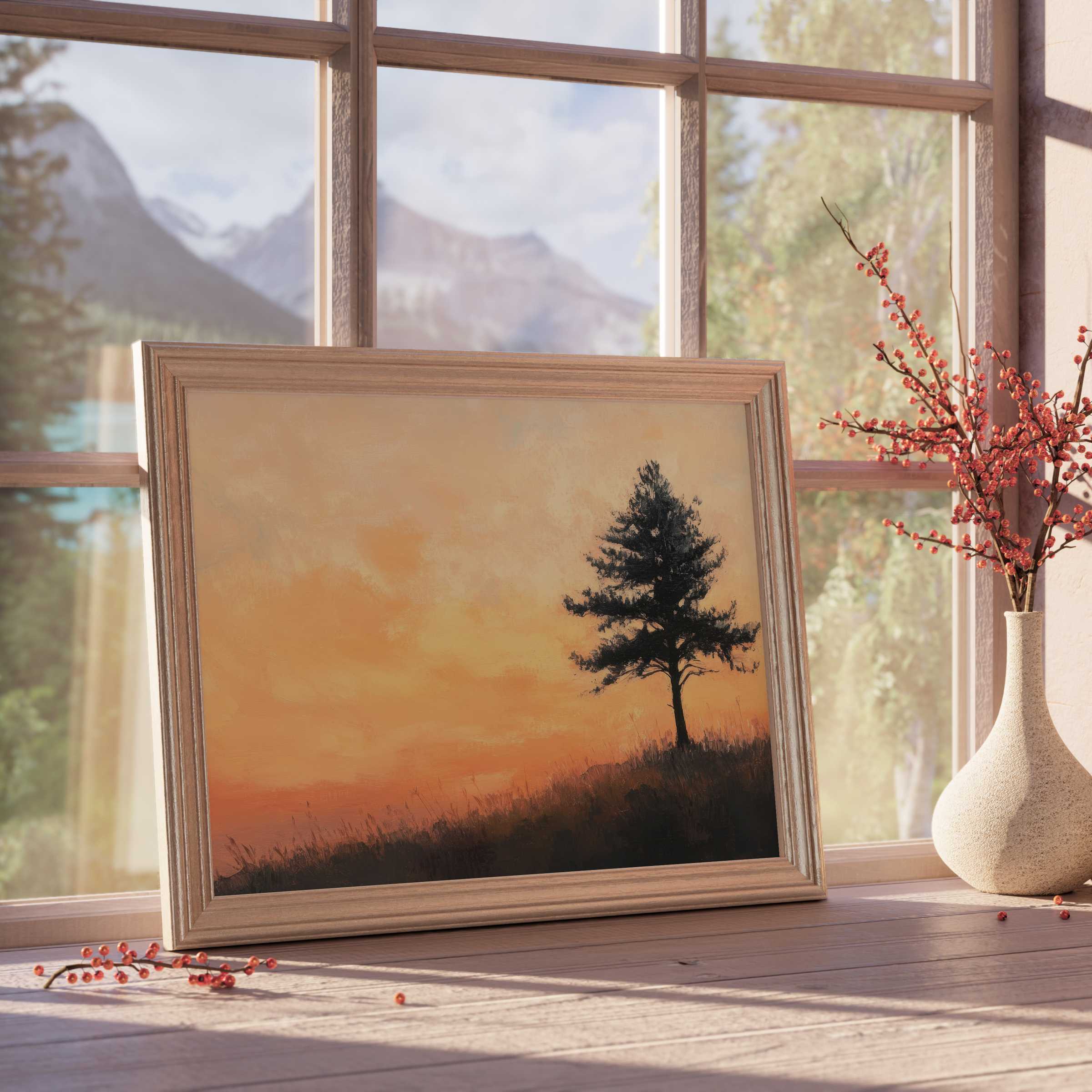 Serene tree downloadable art with a warm sunset glow, enhancing curated, tranquil interiors and premium nature-inspired decor