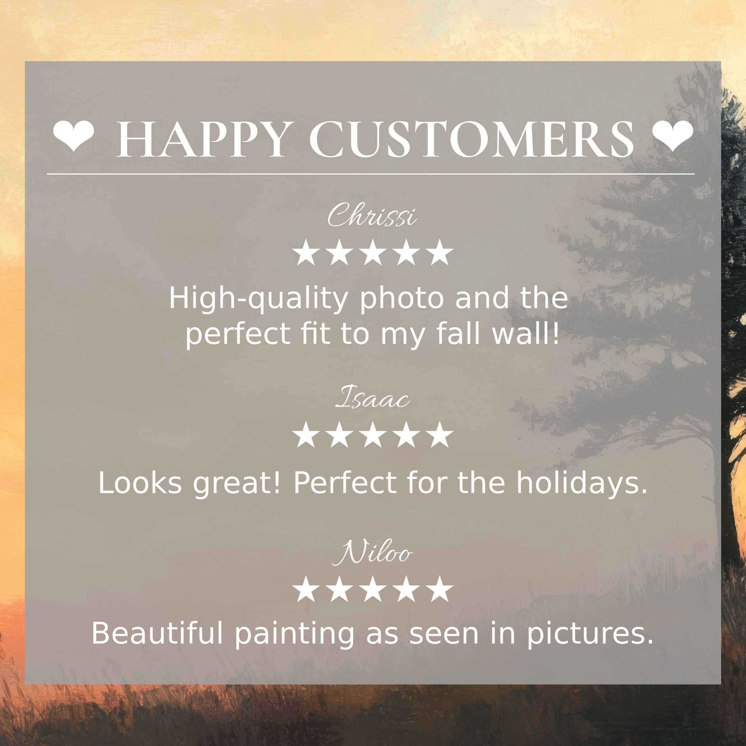 Elegant trees art for Frame TV with abstract sunset hues, showcasing happy customer reviews and refined trust-building layout