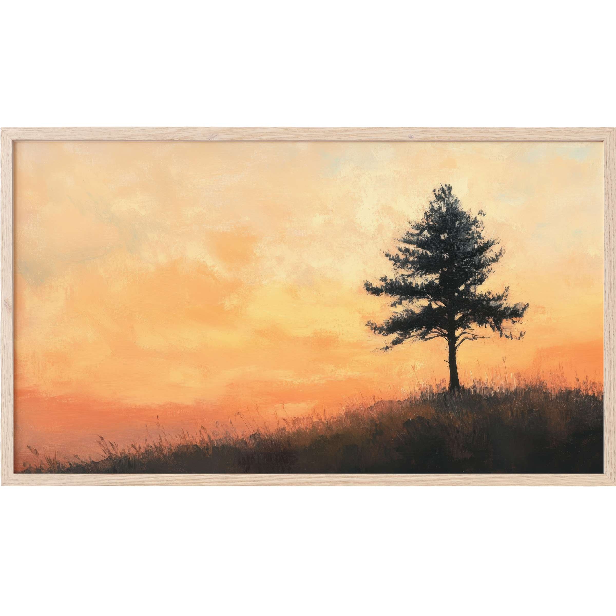 Serene silhouette of a lone tree against a warm, glowing sunset in soft orange hues, tree Frame TV Art