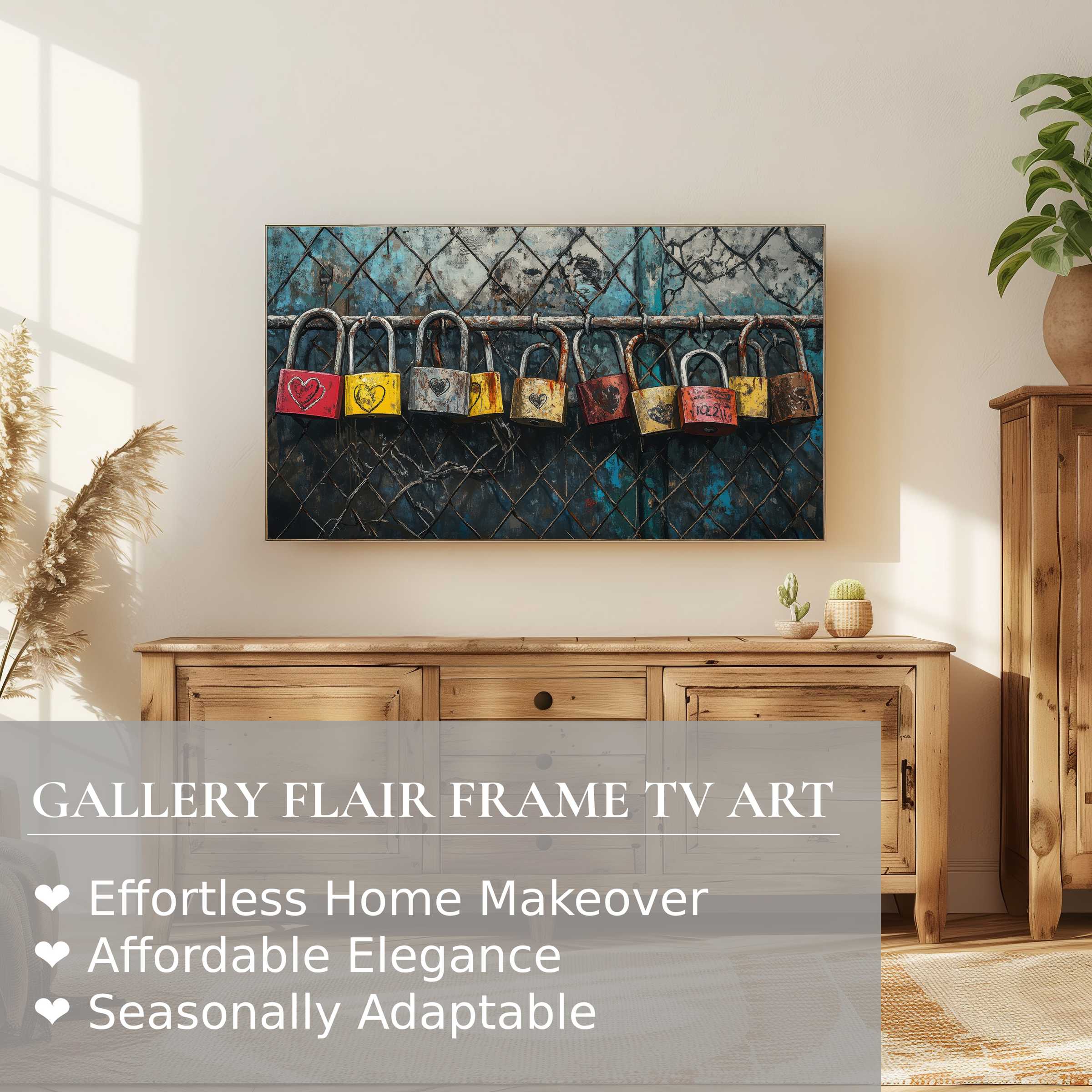 Samsung Frame TV displaying vibrant street art digital artwork of colorful padlocks on rustic wire mesh