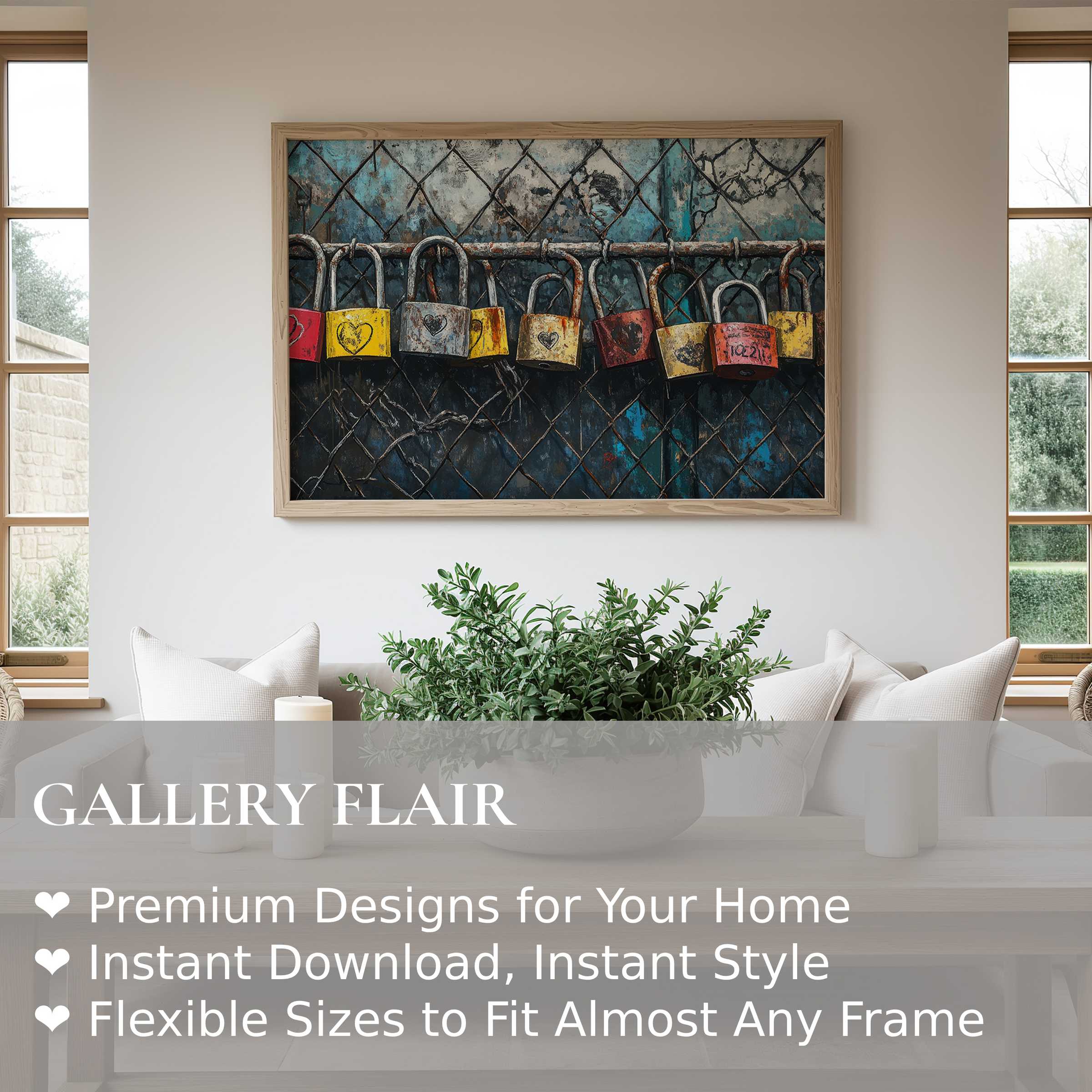 Vibrant street art wall art print of colorful love locks on a textured urban fence, adding bold, edgy charm to modern minimalist interiors