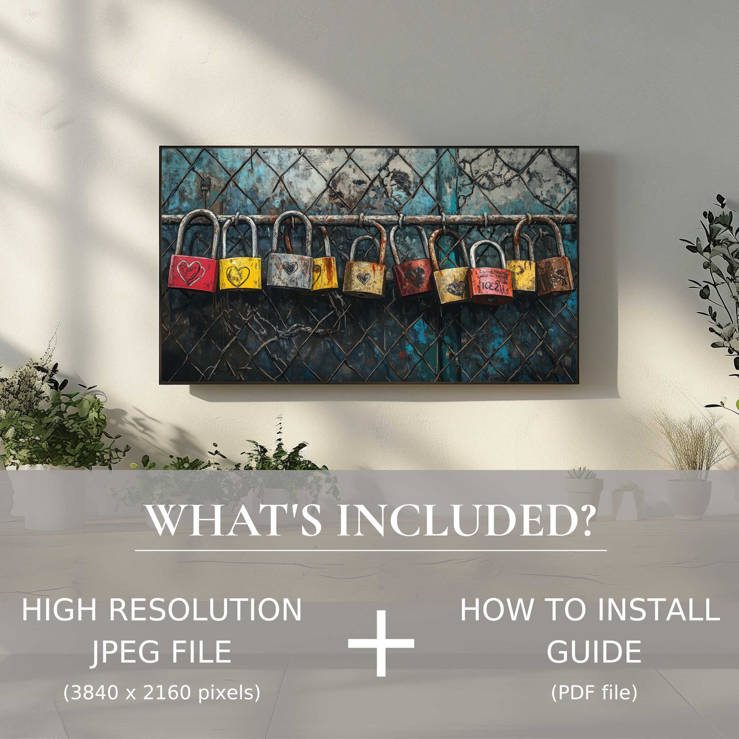 Elegant living room with street art digital TV art download, easy to use digital files elevate any modern space