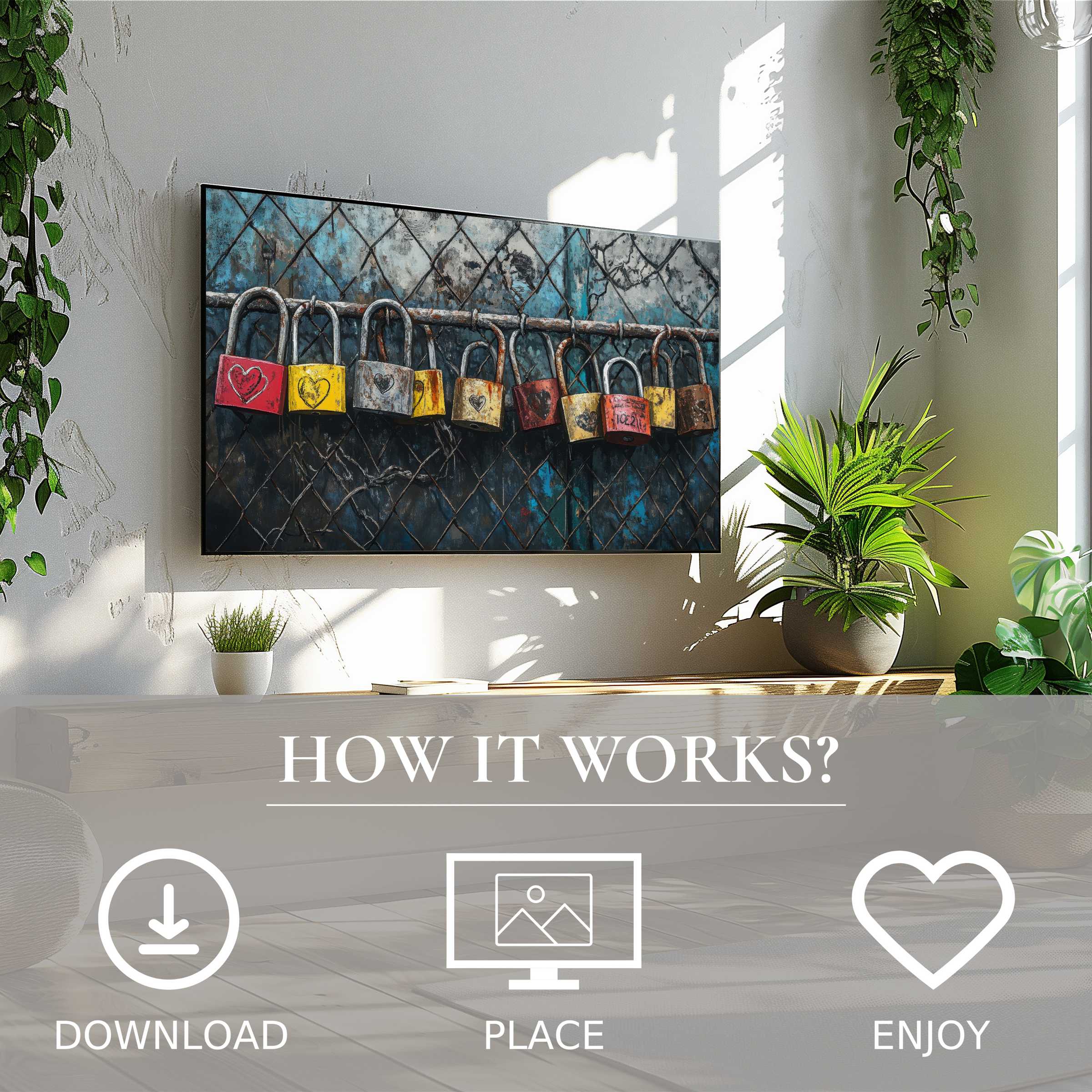 Street art for Samsung TV shows colorful, heart-marked locks; easy digital download enriches modern green living space