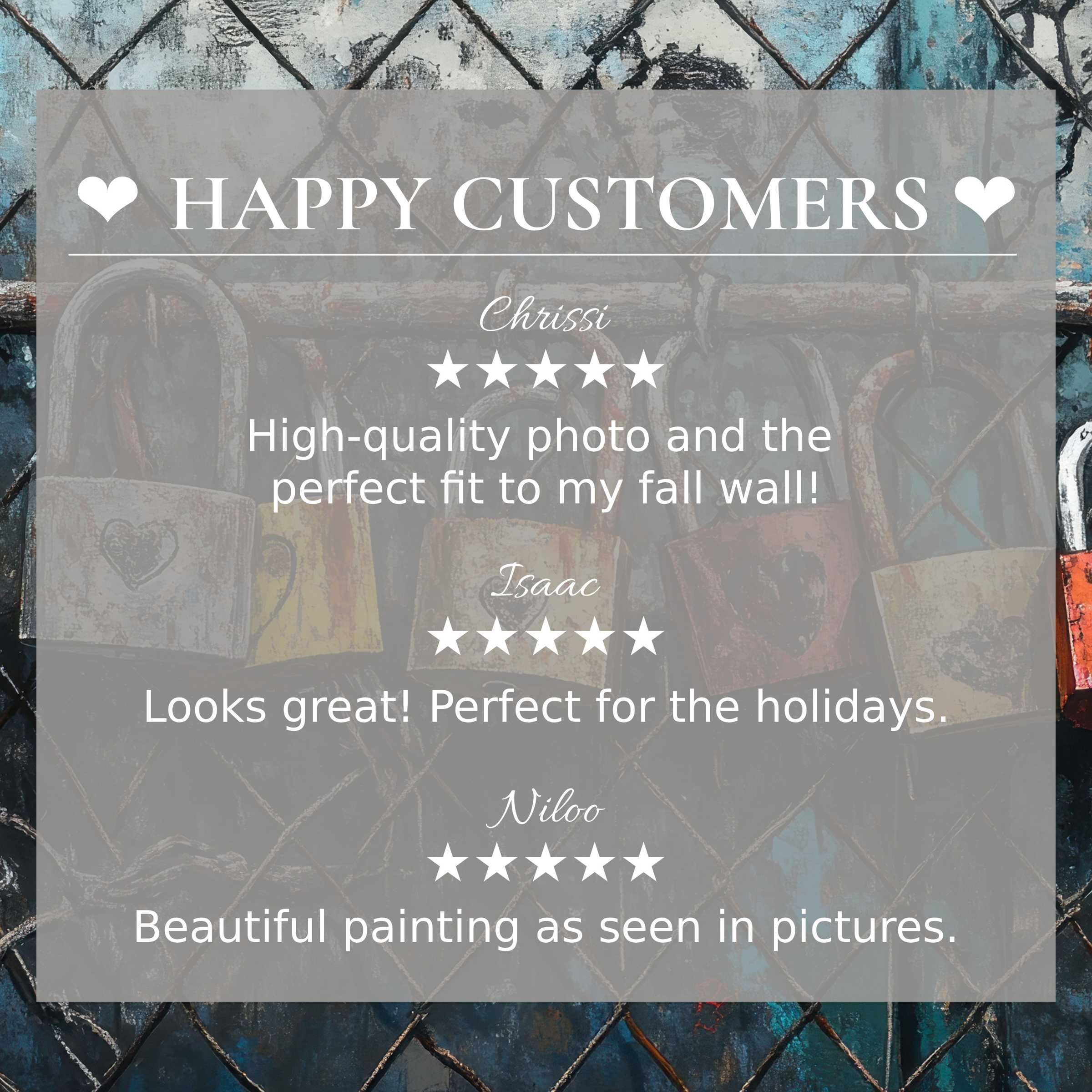 Street art for Frame TV with abstract blue and rust locks, showing happy customer reviews and elegant trust