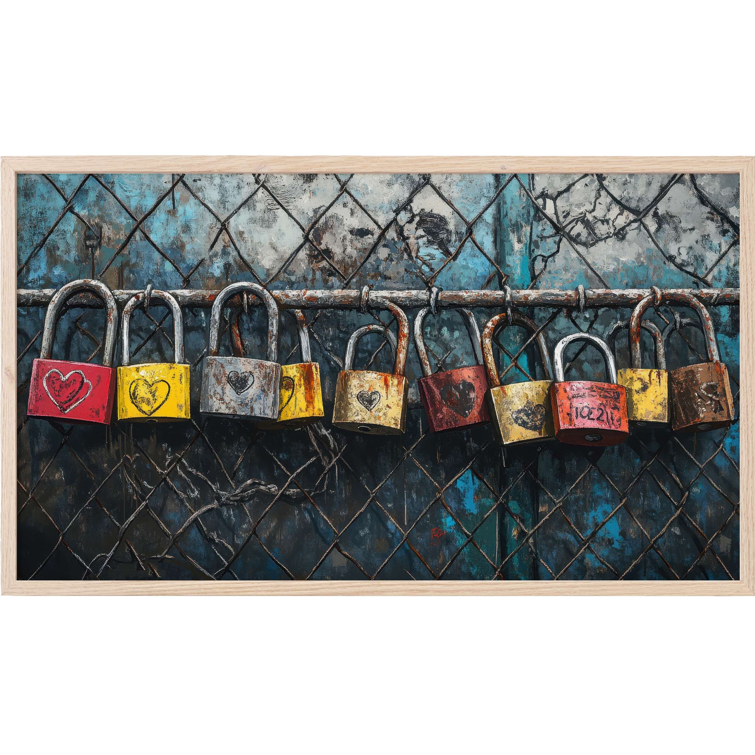 Street art Frame TV Art with vibrant red, yellow, and rusted locks hanging on a weathered blue chain-link fence
