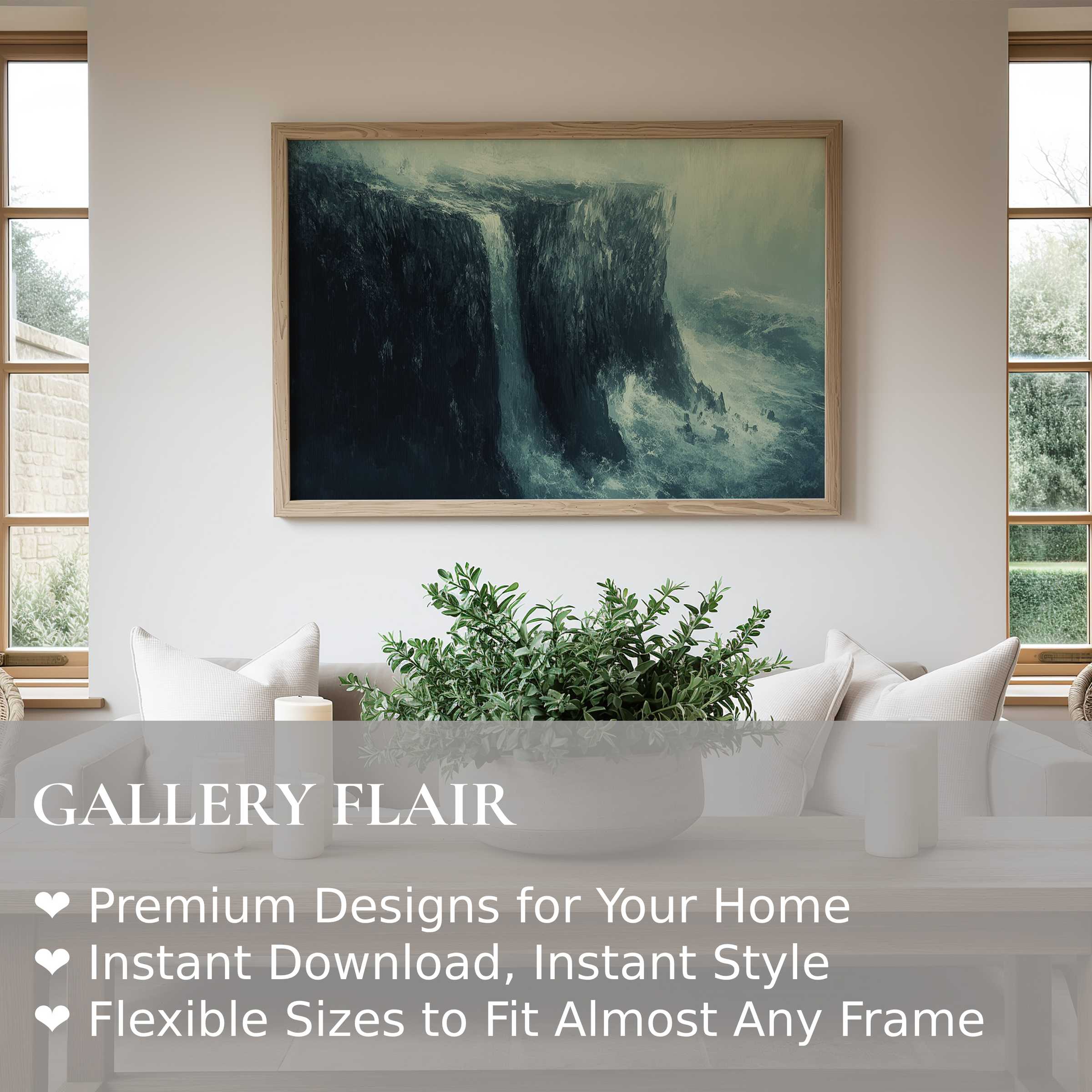 Coastal wall art print capturing a dramatic waterfall and rugged cliffs, evoking calm and depth in a minimalist, modern living space