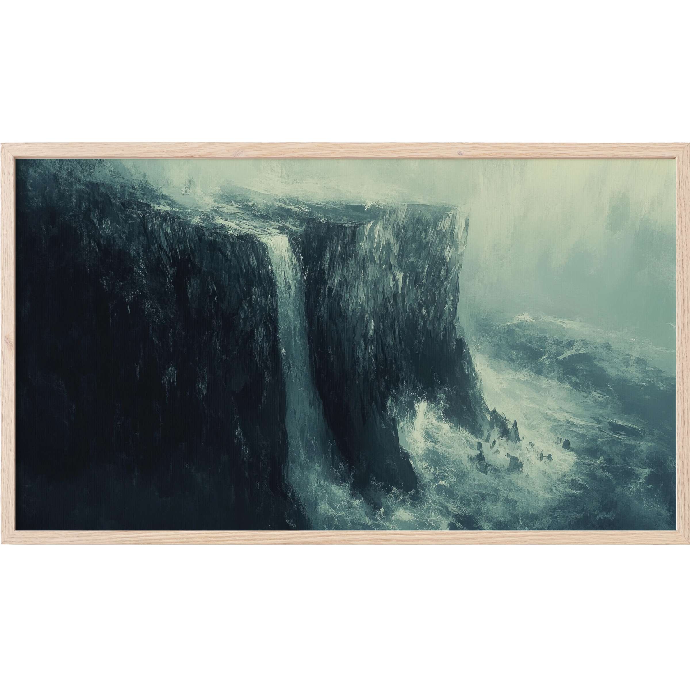 Moody coastal cliffs with mist and crashing waves in muted blue-green hues, a serene coastal Frame TV Art