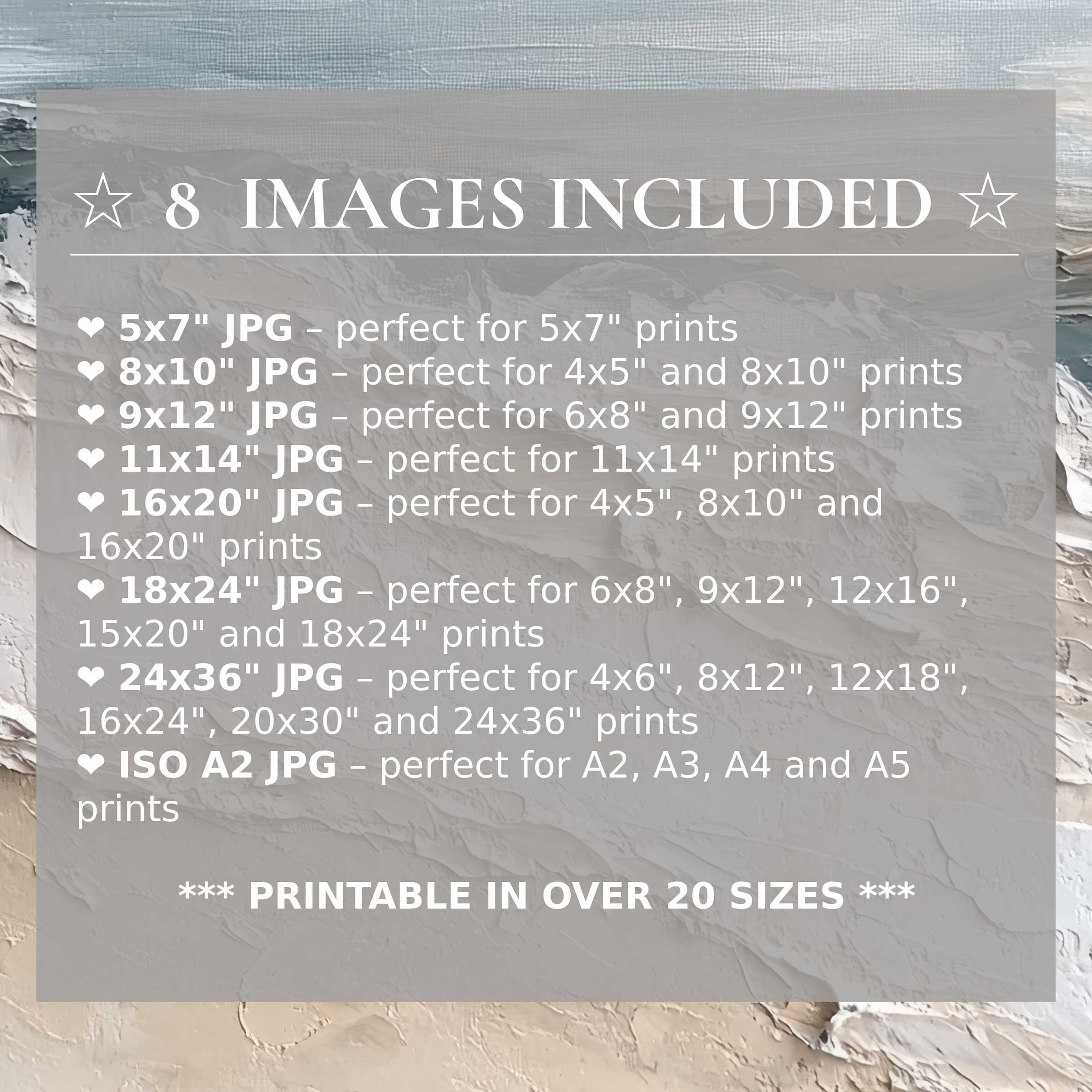 Summer digital print with radiant blue and warm beige tones, delivering calming elegance in 8 included high-quality sizes, perfect for modern interiors