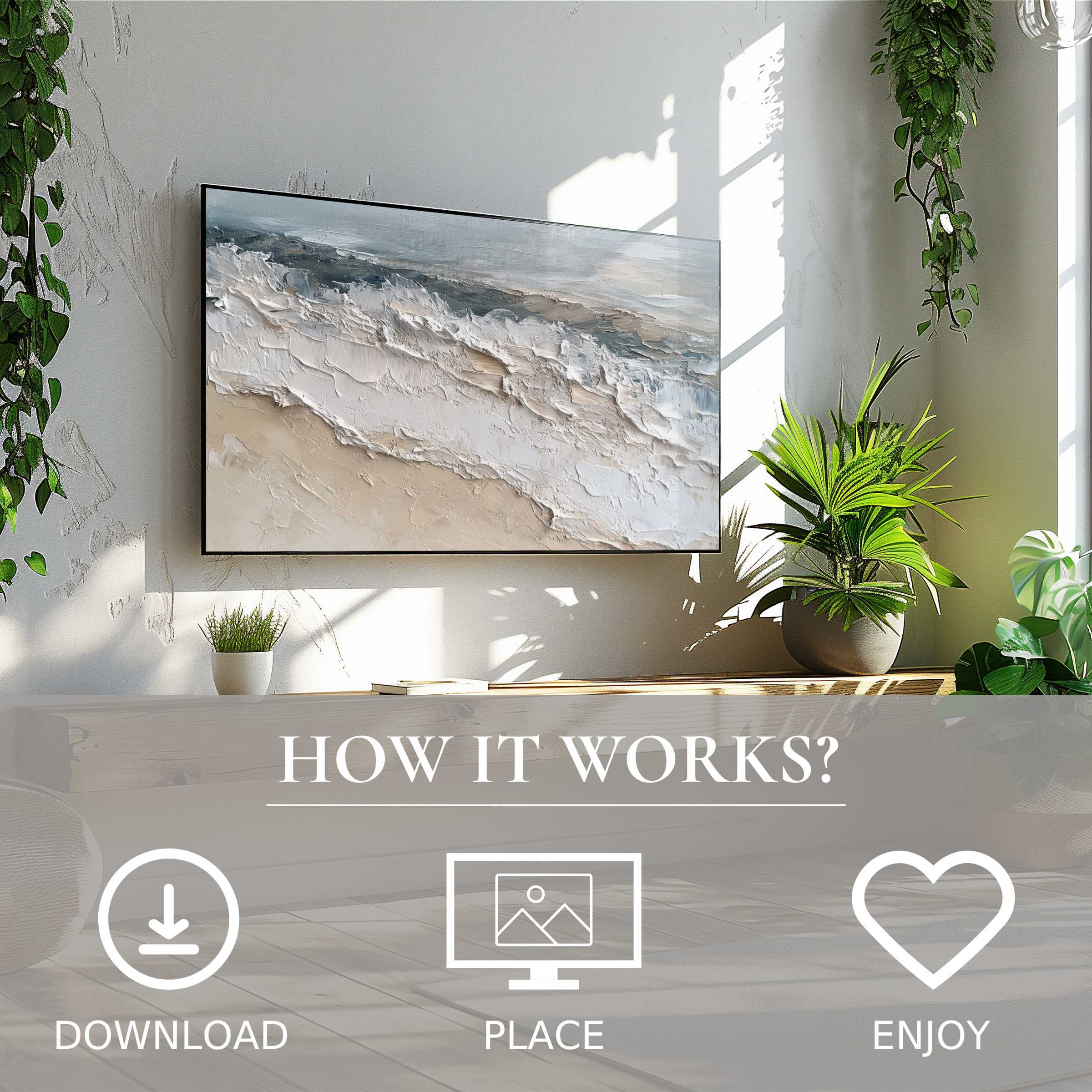 Summer art for Samsung TV shows textured beach waves in soft neutral tones, easy digital download enriches any modern living space