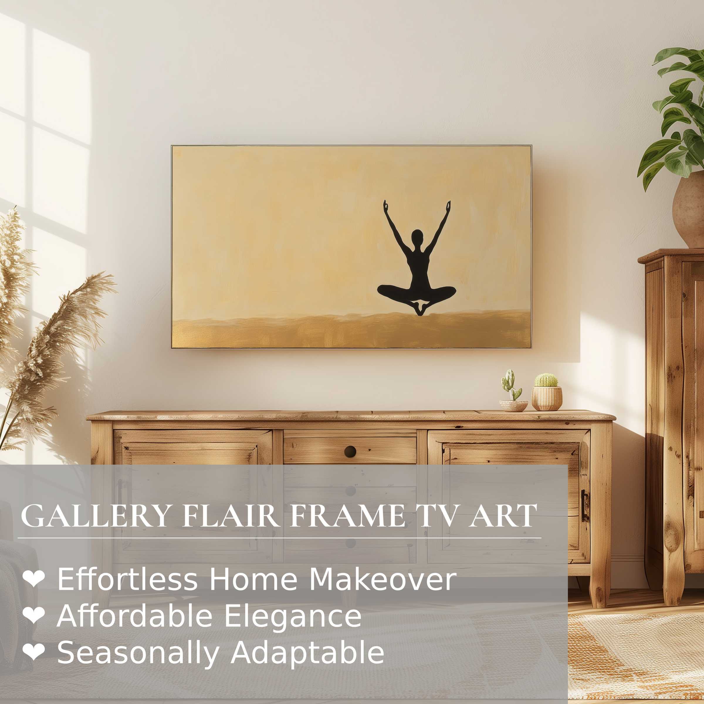 Samsung Frame TV displays minimalist digital artwork of a meditative silhouette in warm neutral tones, elegant home decor