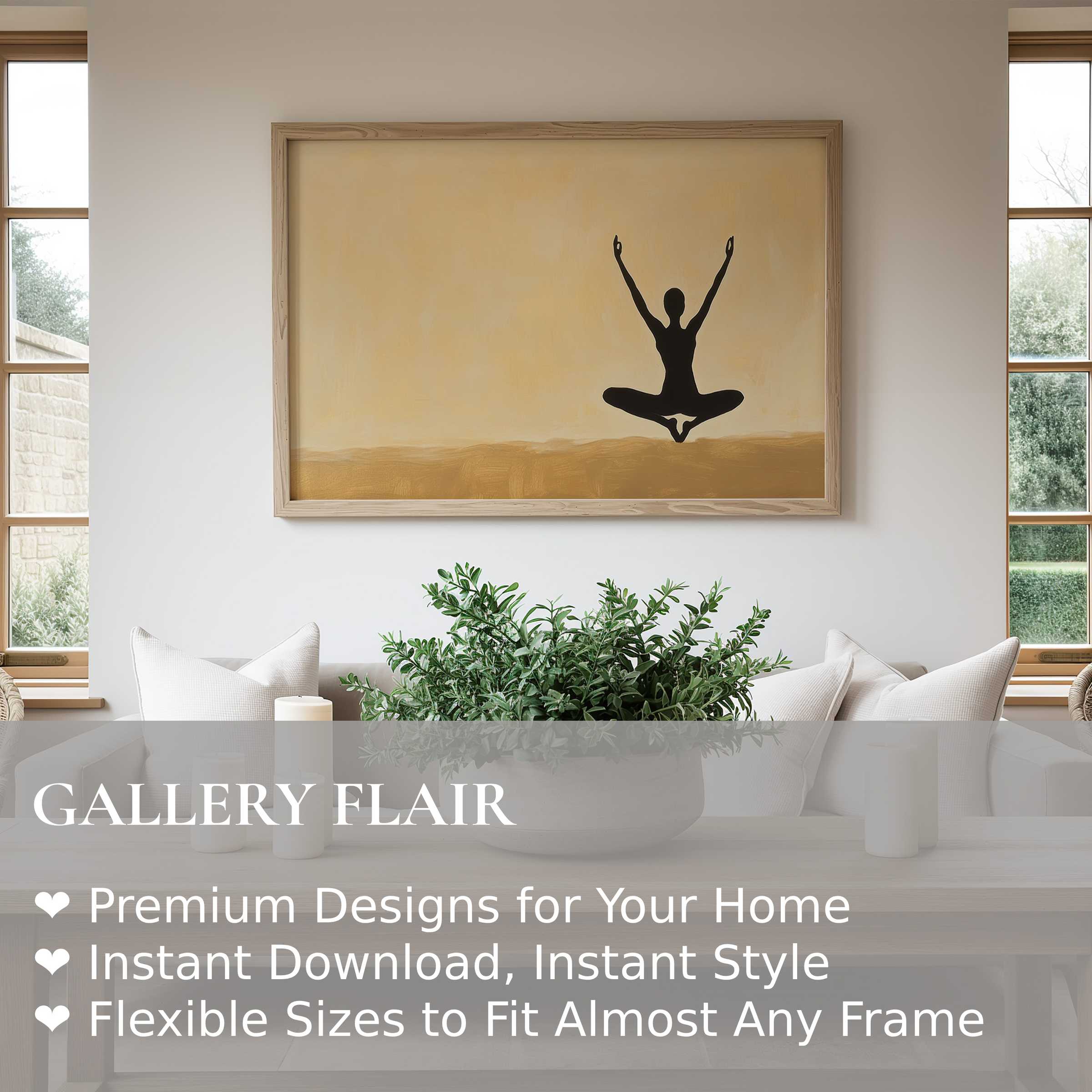 Minimalist wall art print of a serene meditative silhouette in warm earth tones enhances a modern, calming living space