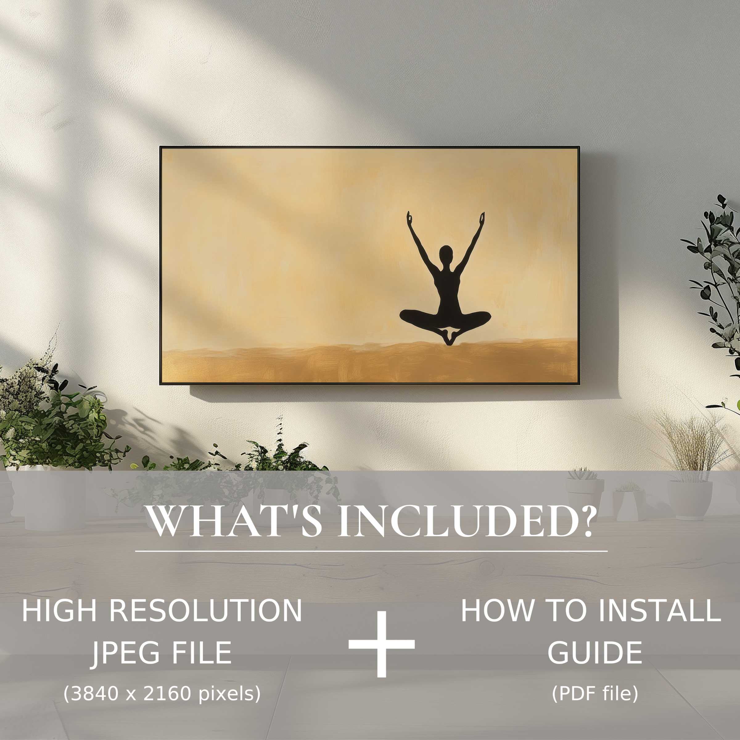 Minimalist digital TV art download featuring serene yoga silhouette, enhancing modern living spaces with effortless digital elegance