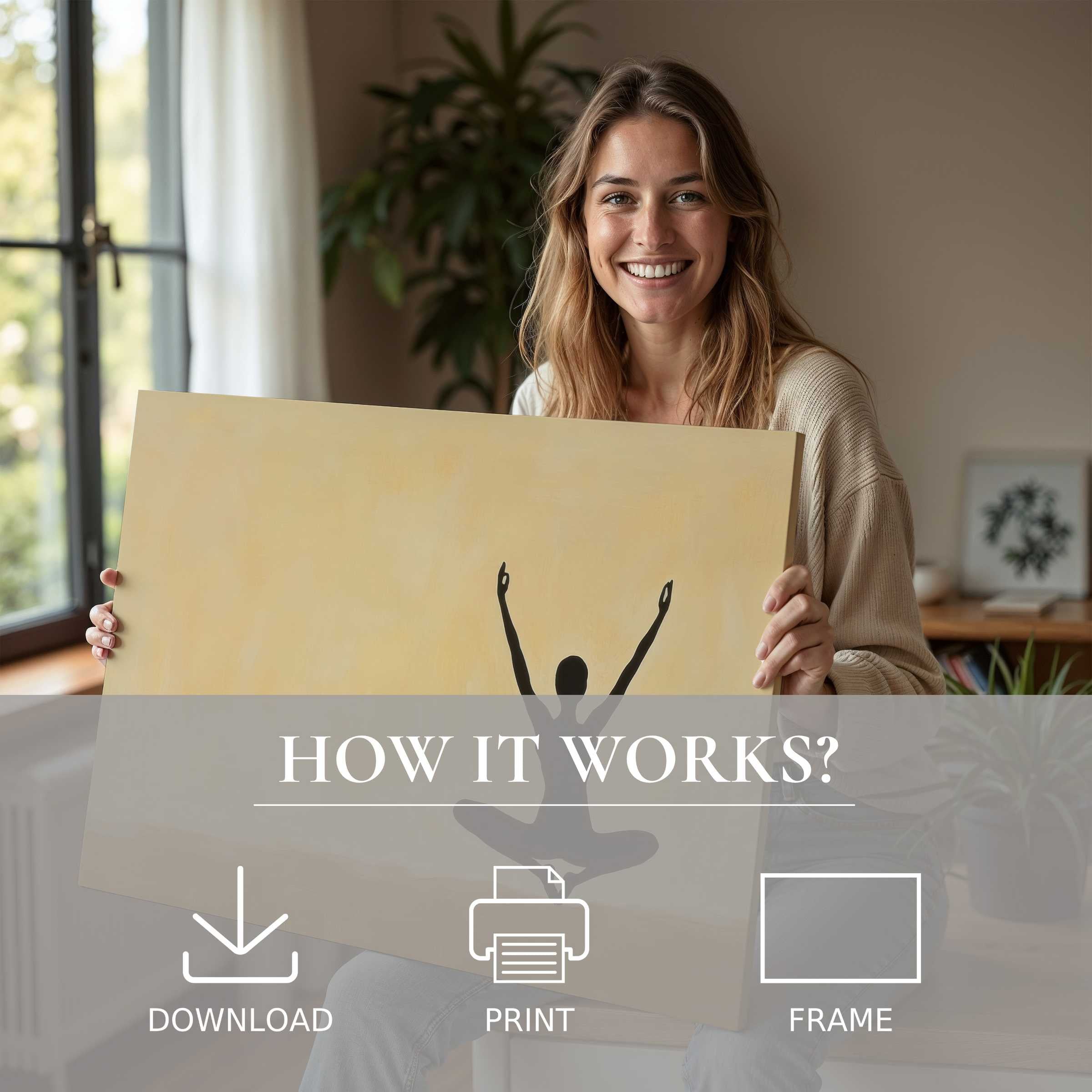 Joyful moment embracing a minimalist digital art print, blending serene elegance into a stylish modern home