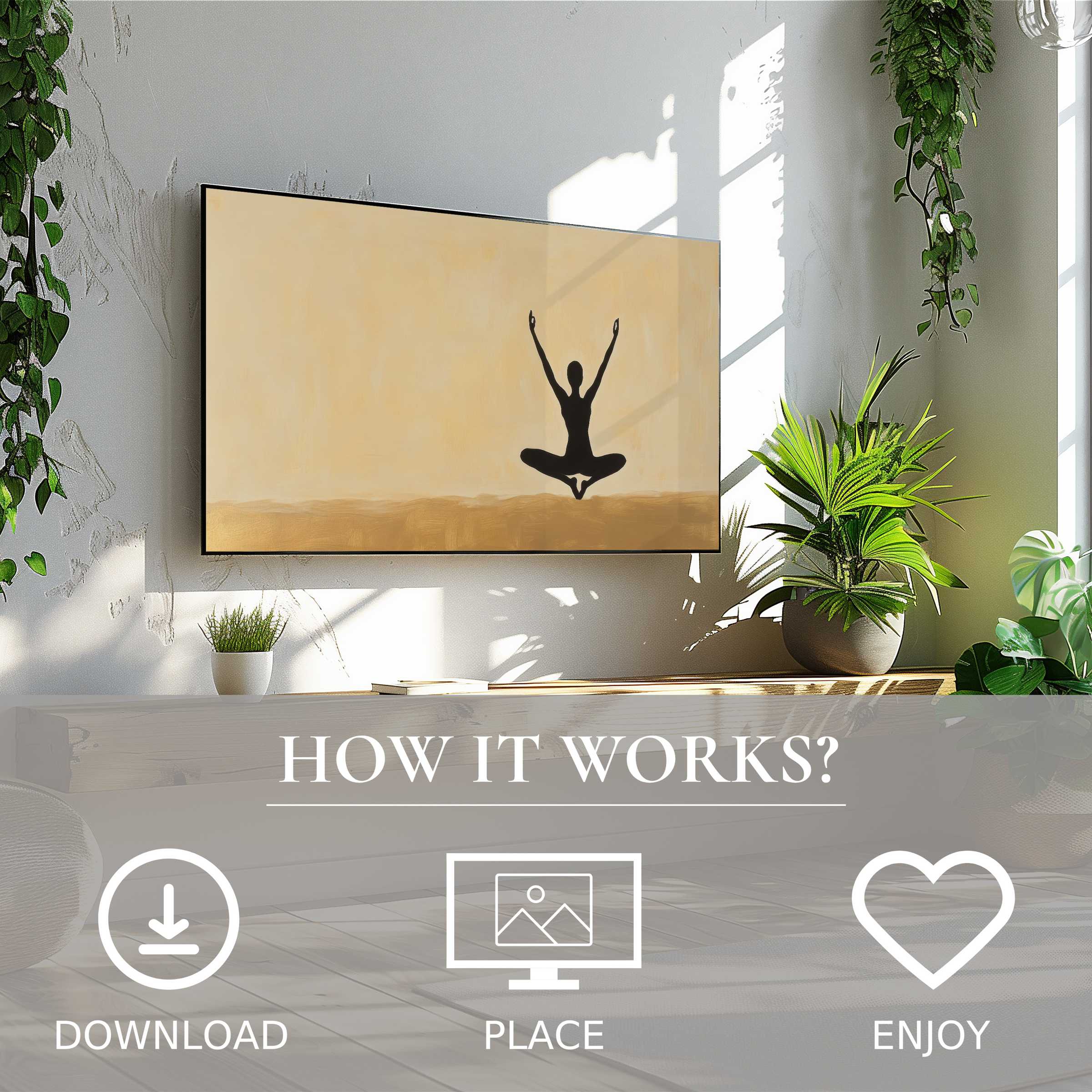 Minimalist art for Samsung TV showing a meditative silhouette with warm tones, easy digital download enriches your space