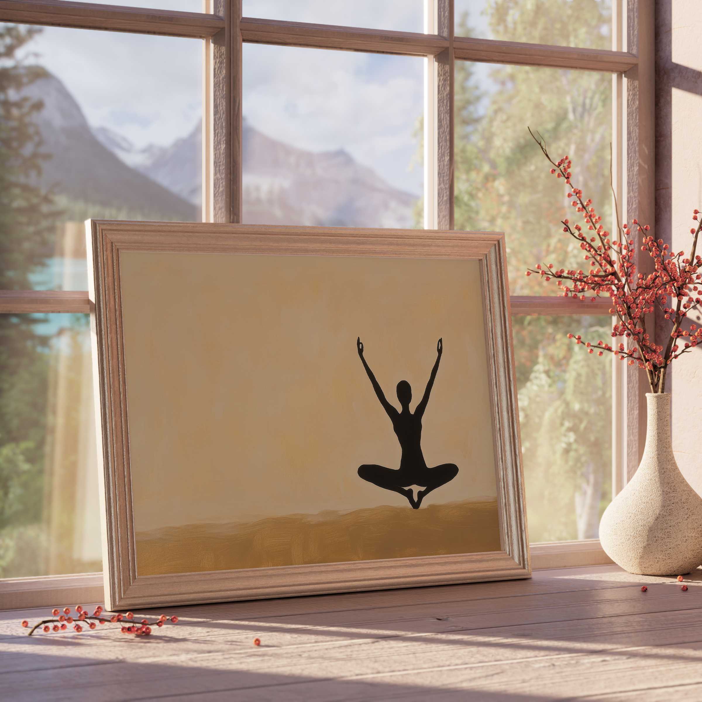 Minimalist downloadable art featuring serene silhouette meditation, enhancing tranquil, curated interiors with warm, earthy tones and natural light