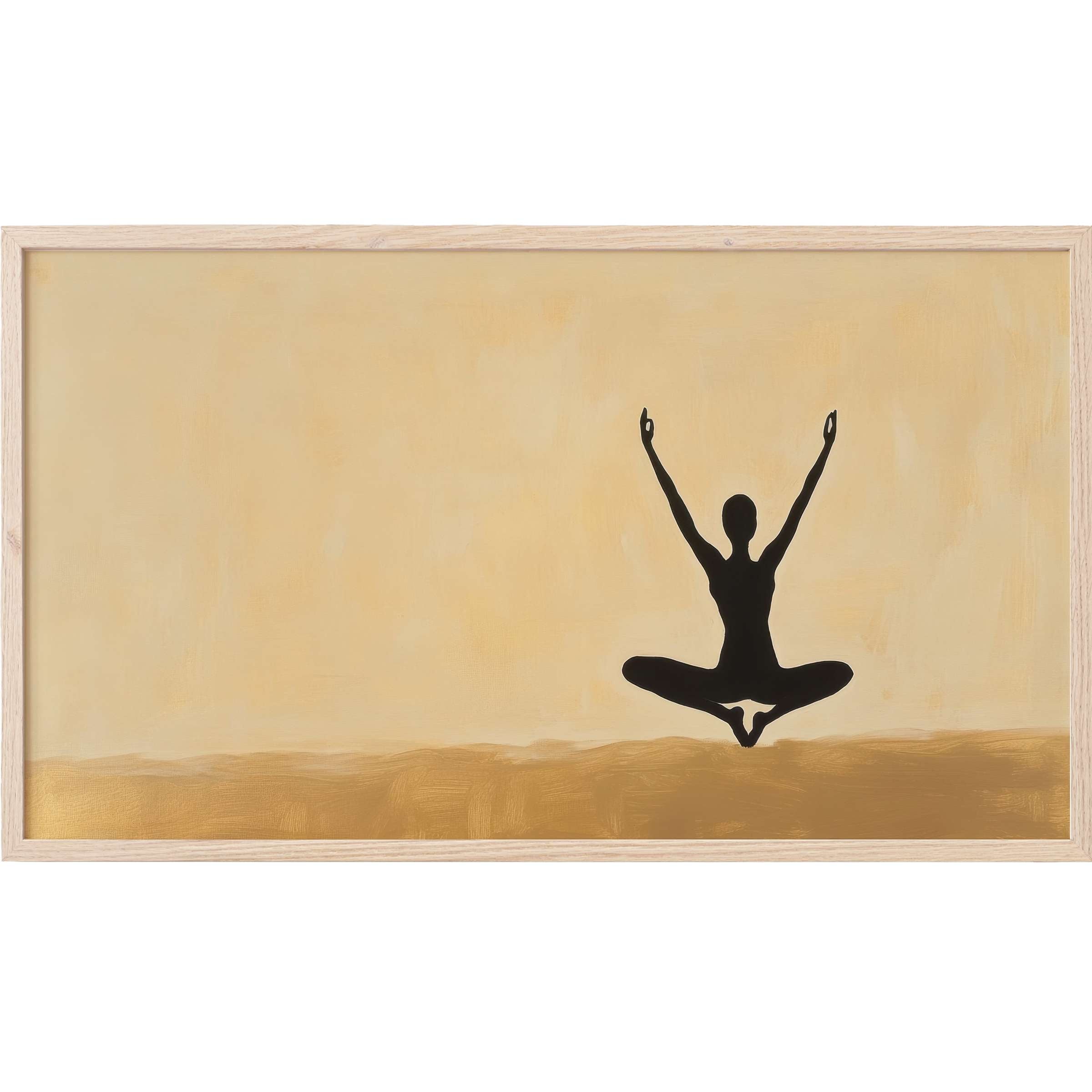Minimalist Frame TV Art featuring a black silhouette in lotus pose against warm beige and brown hues