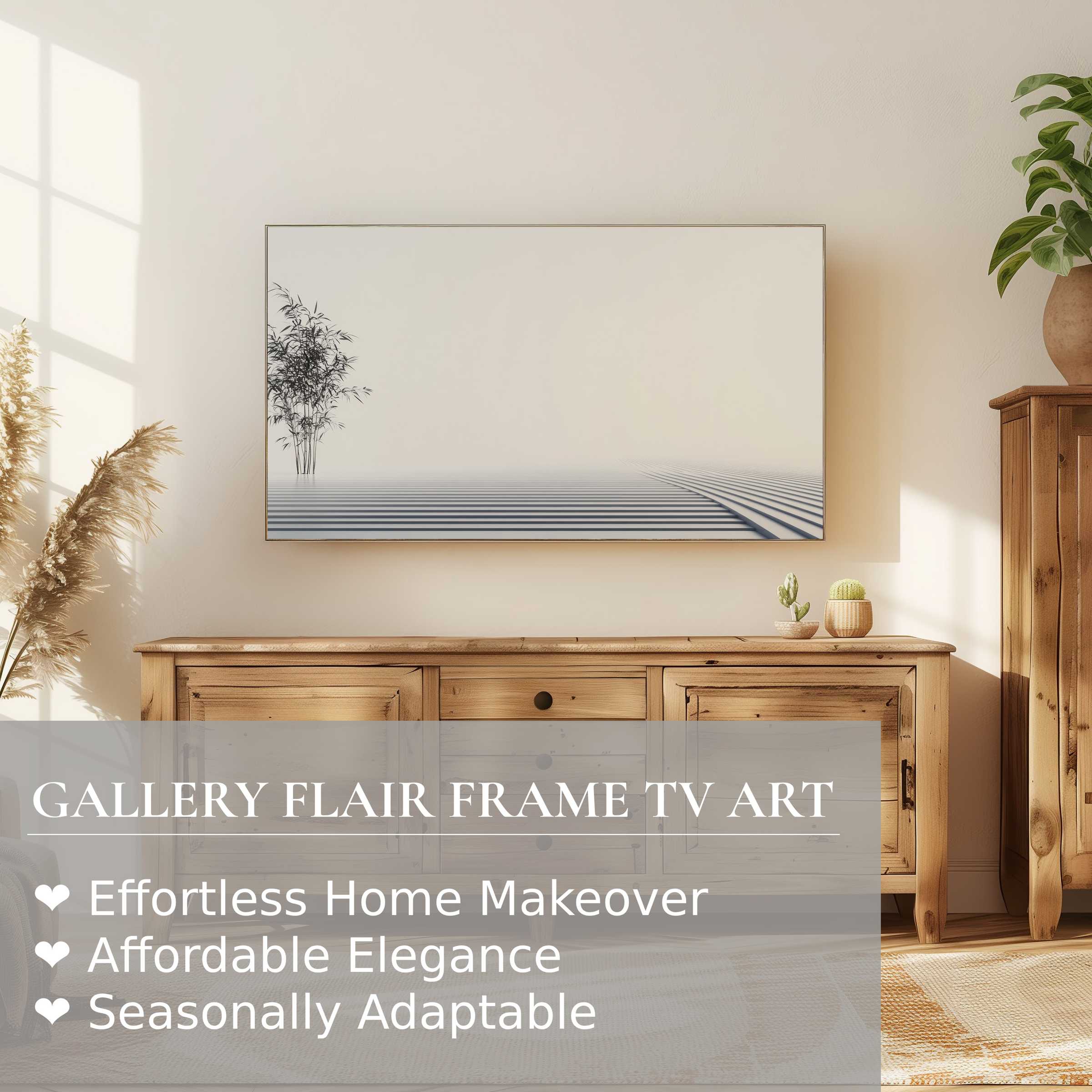 Minimalist modern digital artwork on Samsung Frame TV enhances serene, natural home decor with elegant, refined style