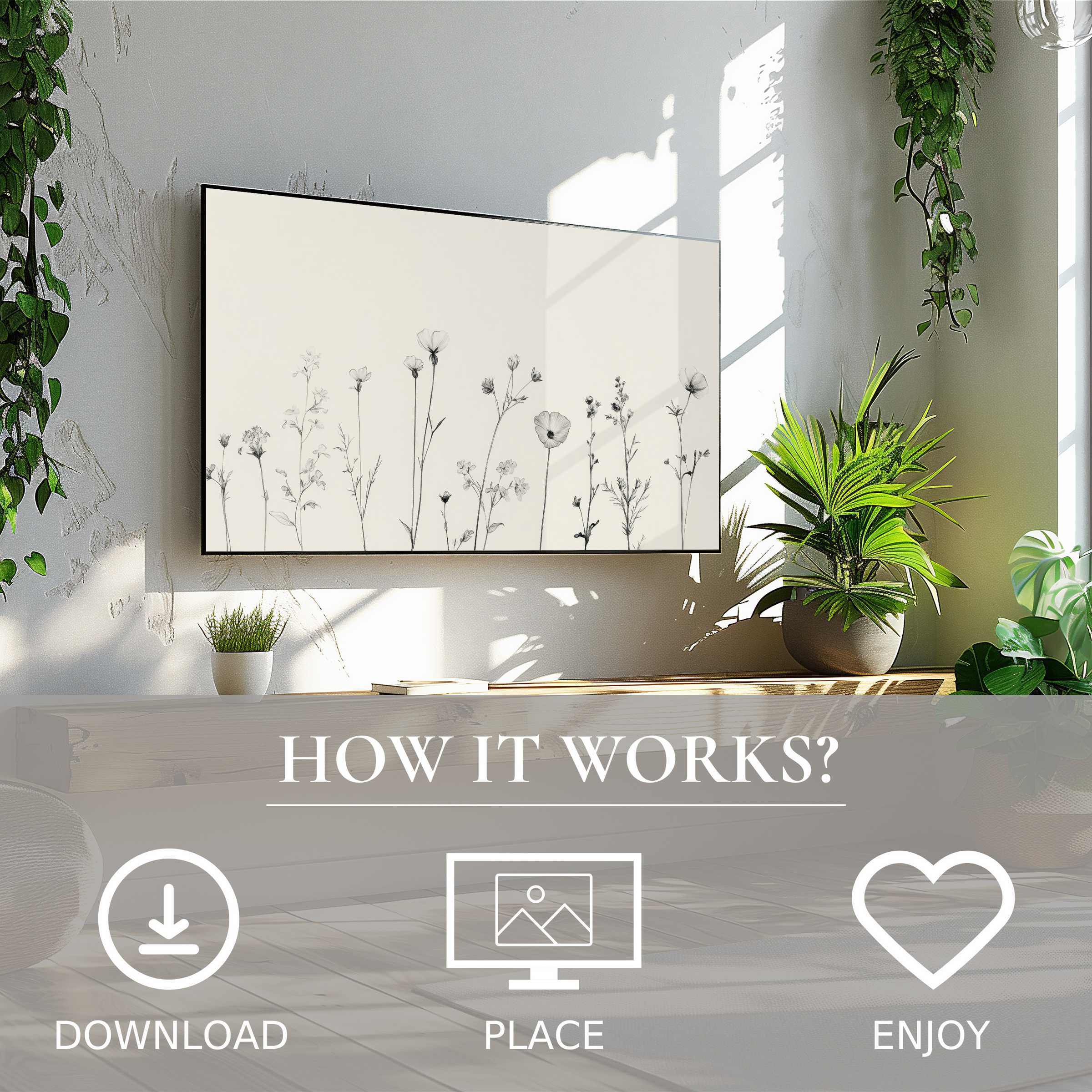 Floral art for Samsung TV shows delicate black floral silhouettes; easy digital download enriches modern living spaces