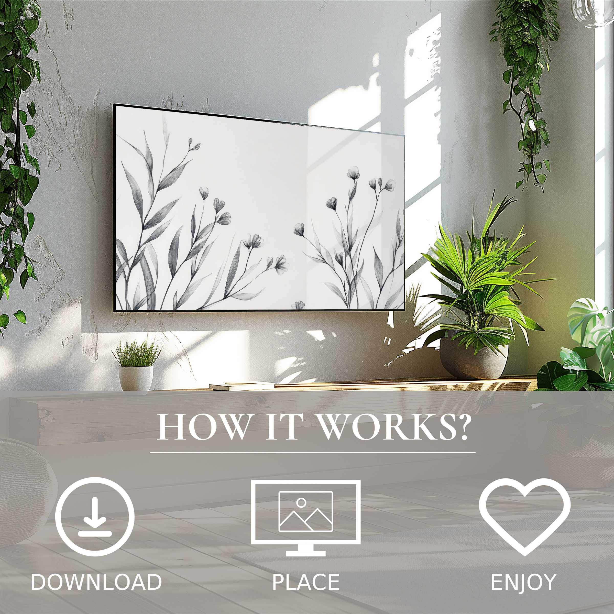 Neutral art for Samsung TV shows delicate black floral motif; easy digital download enriches modern living spaces