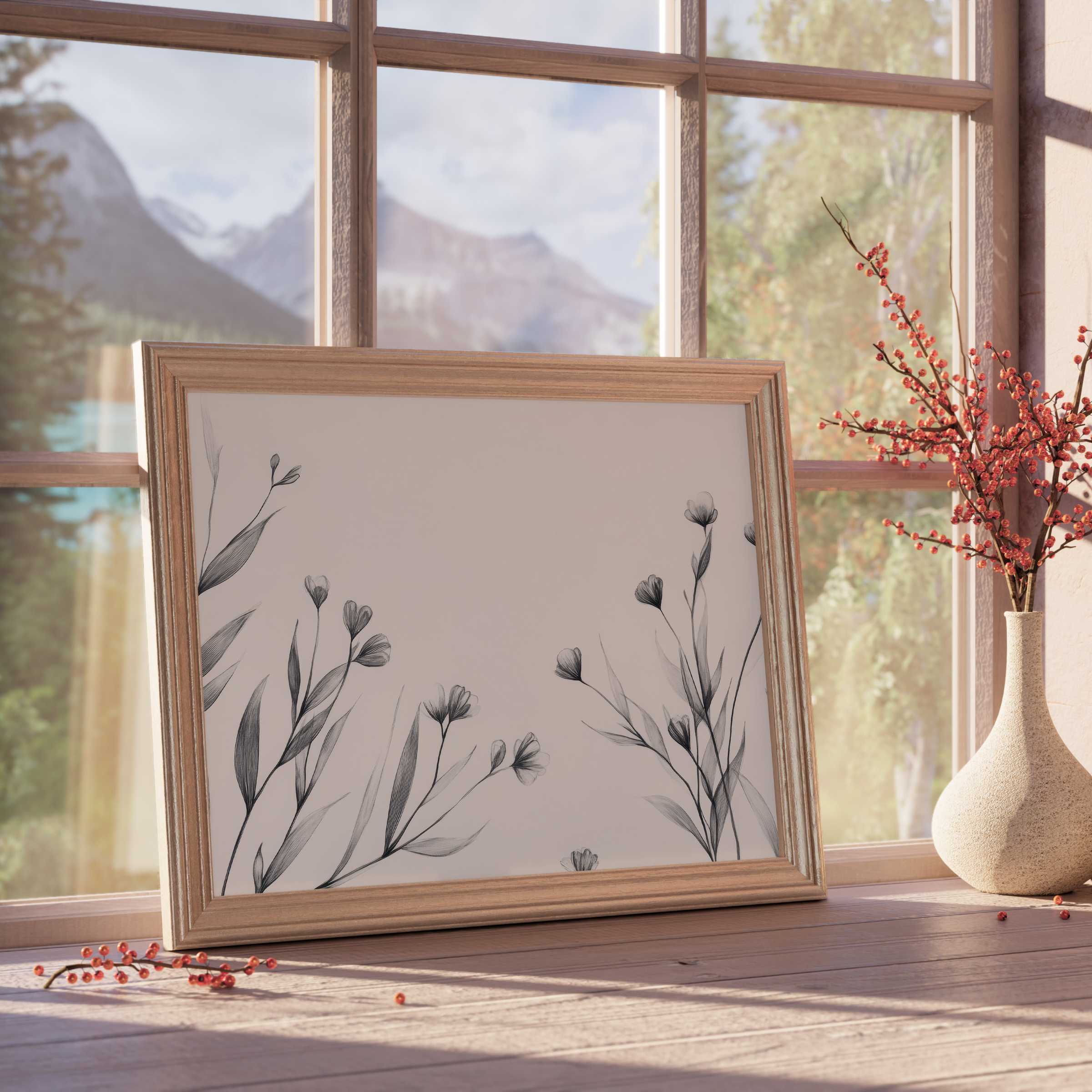 Elegant neutral downloadable art featuring delicate monochrome botanical sketches, enhancing serene, curated modern interiors