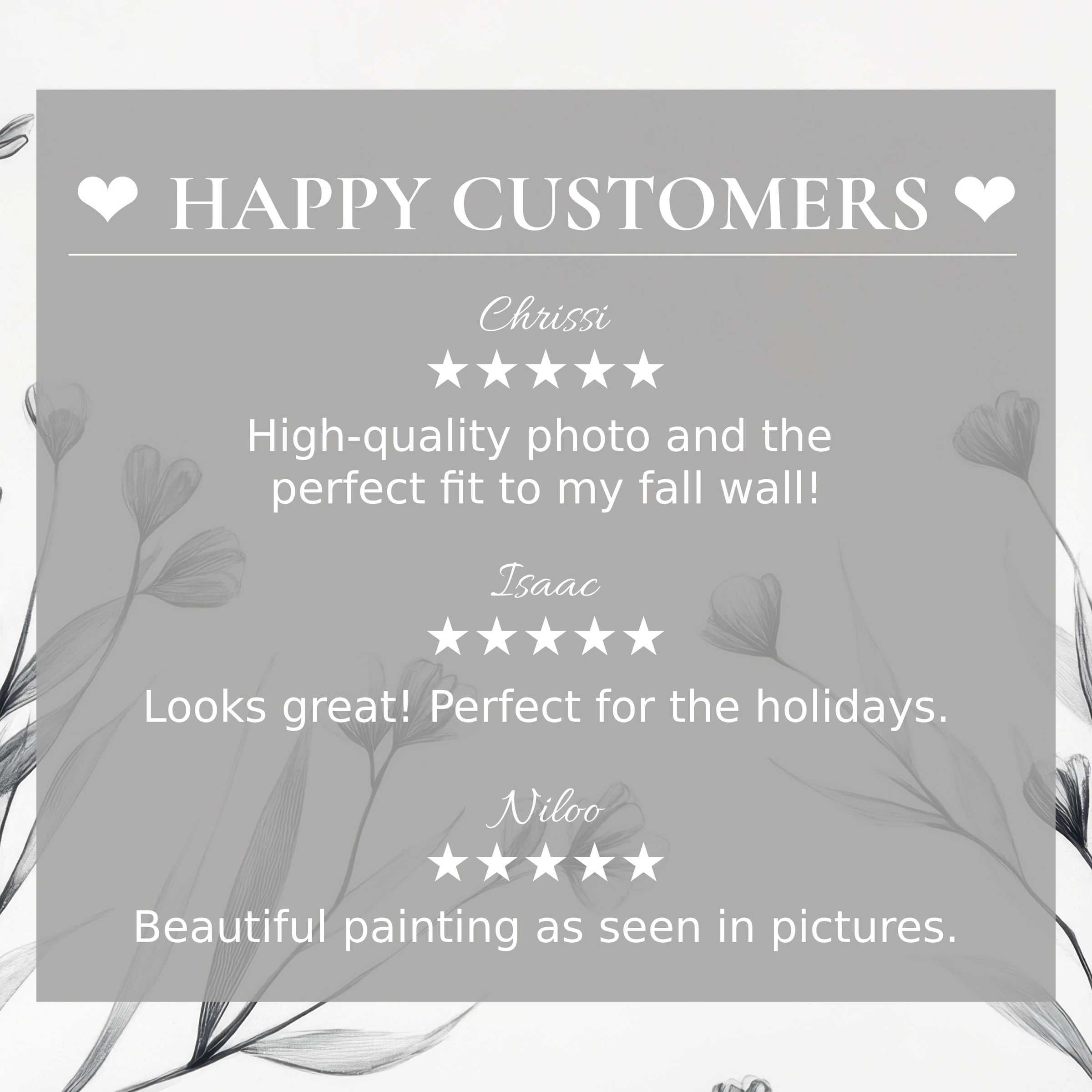 Refined layout with neutral art for Frame TV, featuring soft gray floral background and glowing happy customer reviews