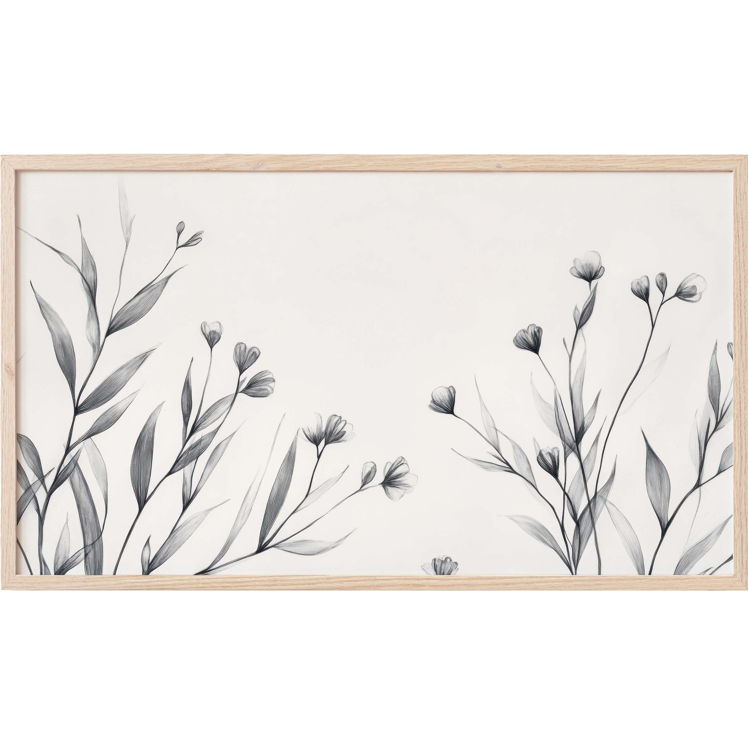 Delicate monochrome floral sketch in soft grays on white, framed with natural wood for neutral Frame TV Art