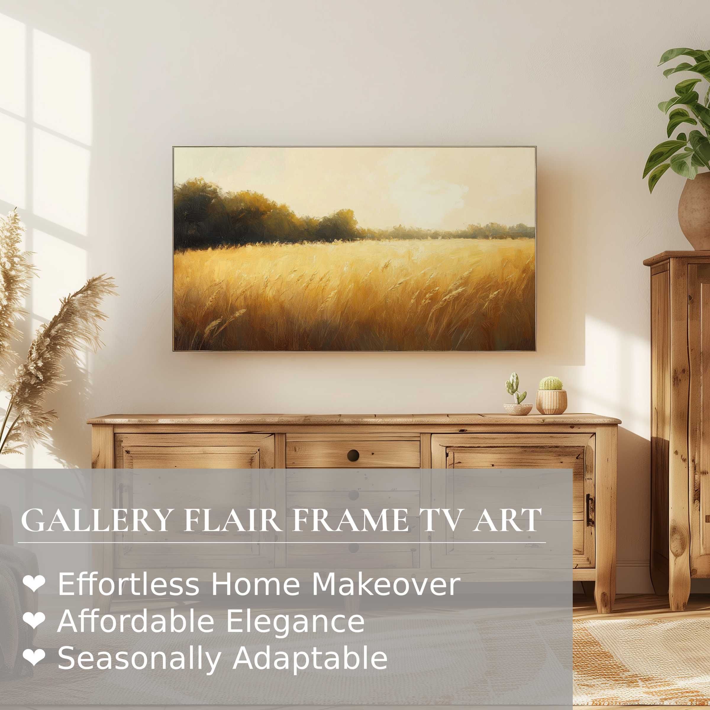 Samsung Frame TV with warm farmhouse digital artwork in a sunlit rustic setting for elegant home decor