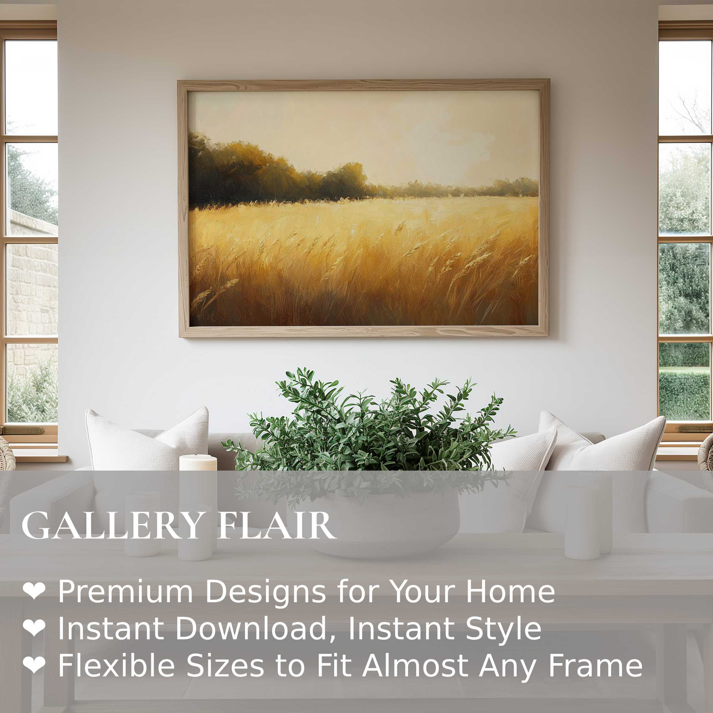Farmhouse wall art print capturing a golden wheat field at sunset, radiating warmth and calm in a modern rustic living room