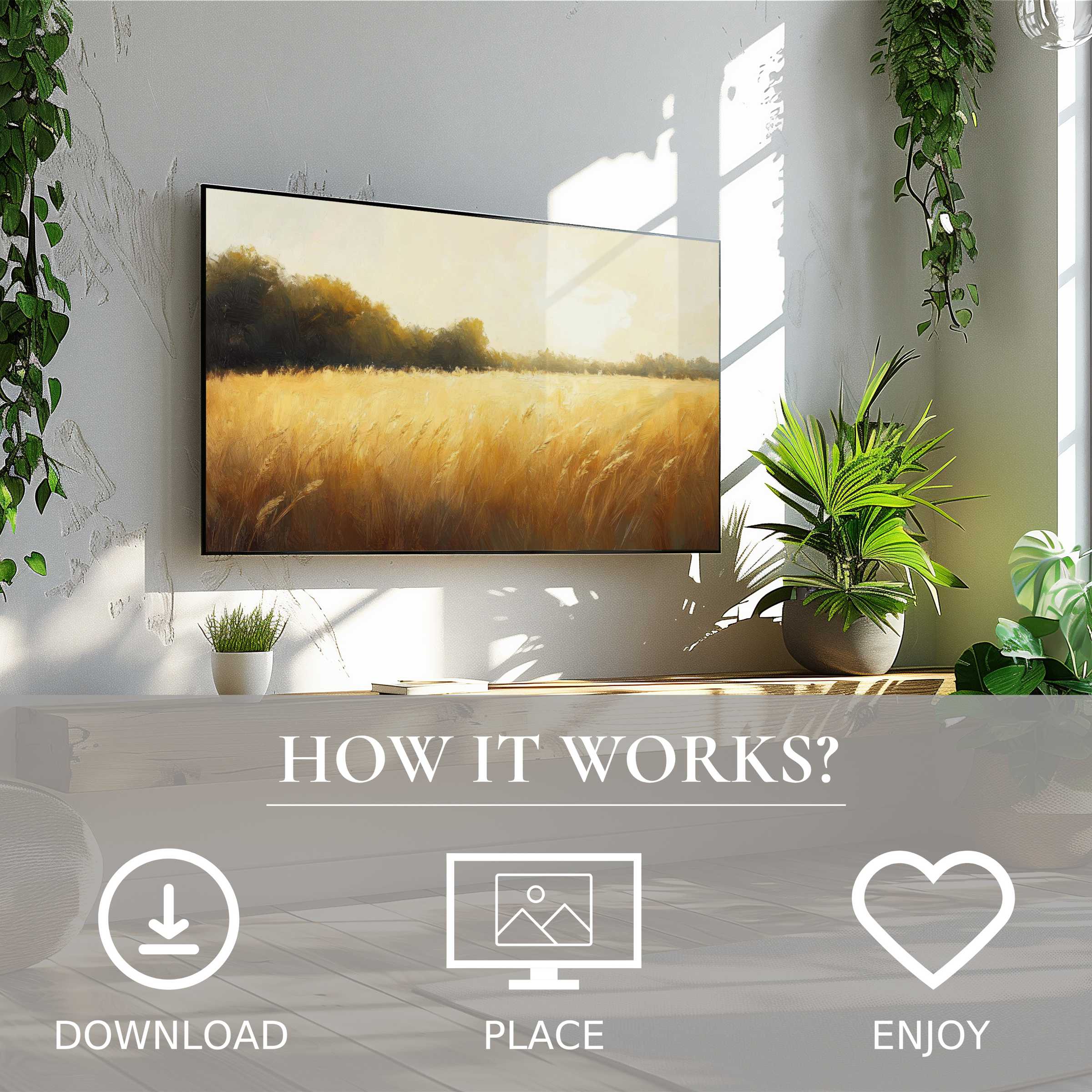 Bright airy room with farmhouse art for Samsung TV, soft golden field motif, easy digital download, enriches space