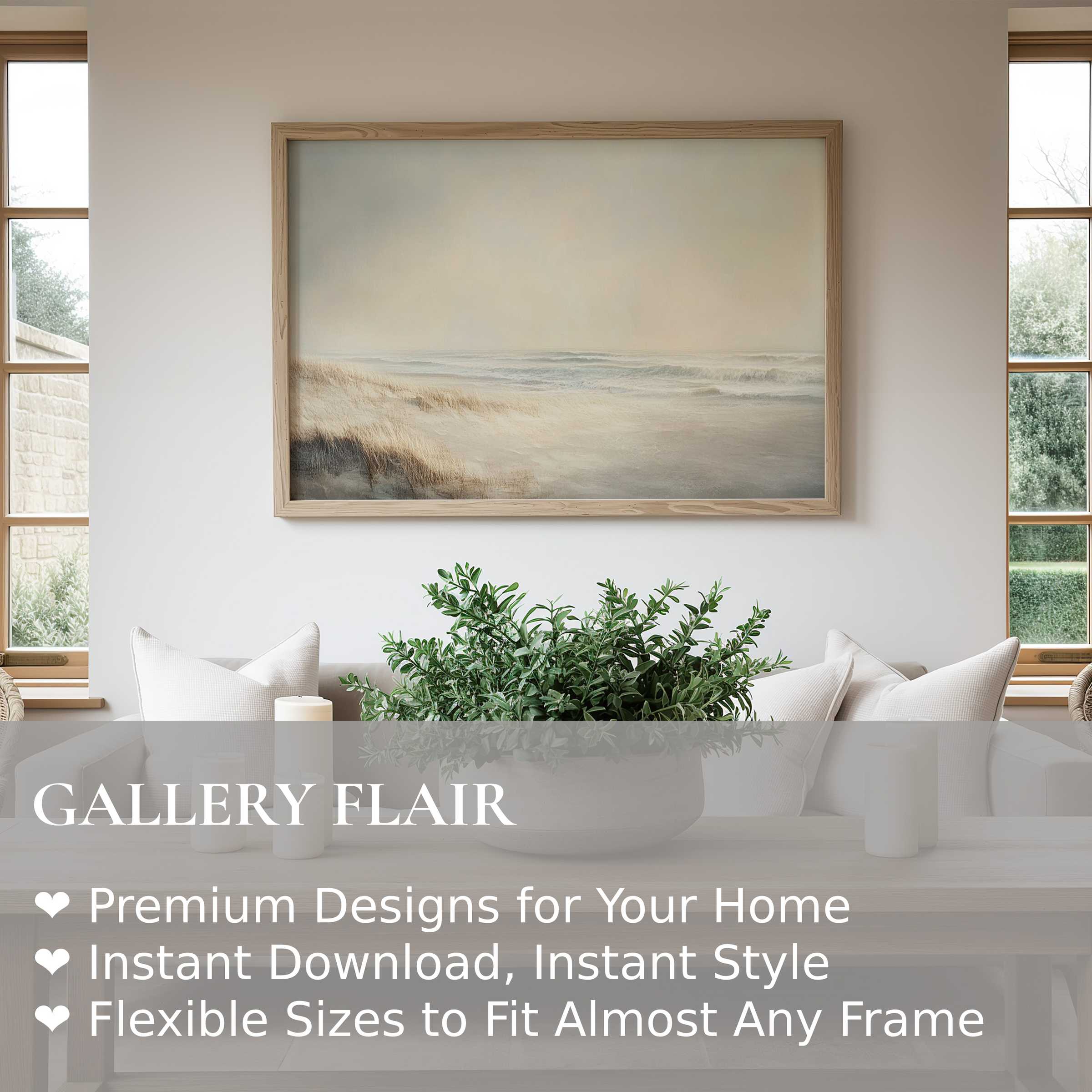 Serene landscape wall art print in muted tones enhances calm modern living spaces with soft coastal elegance and natural tranquility