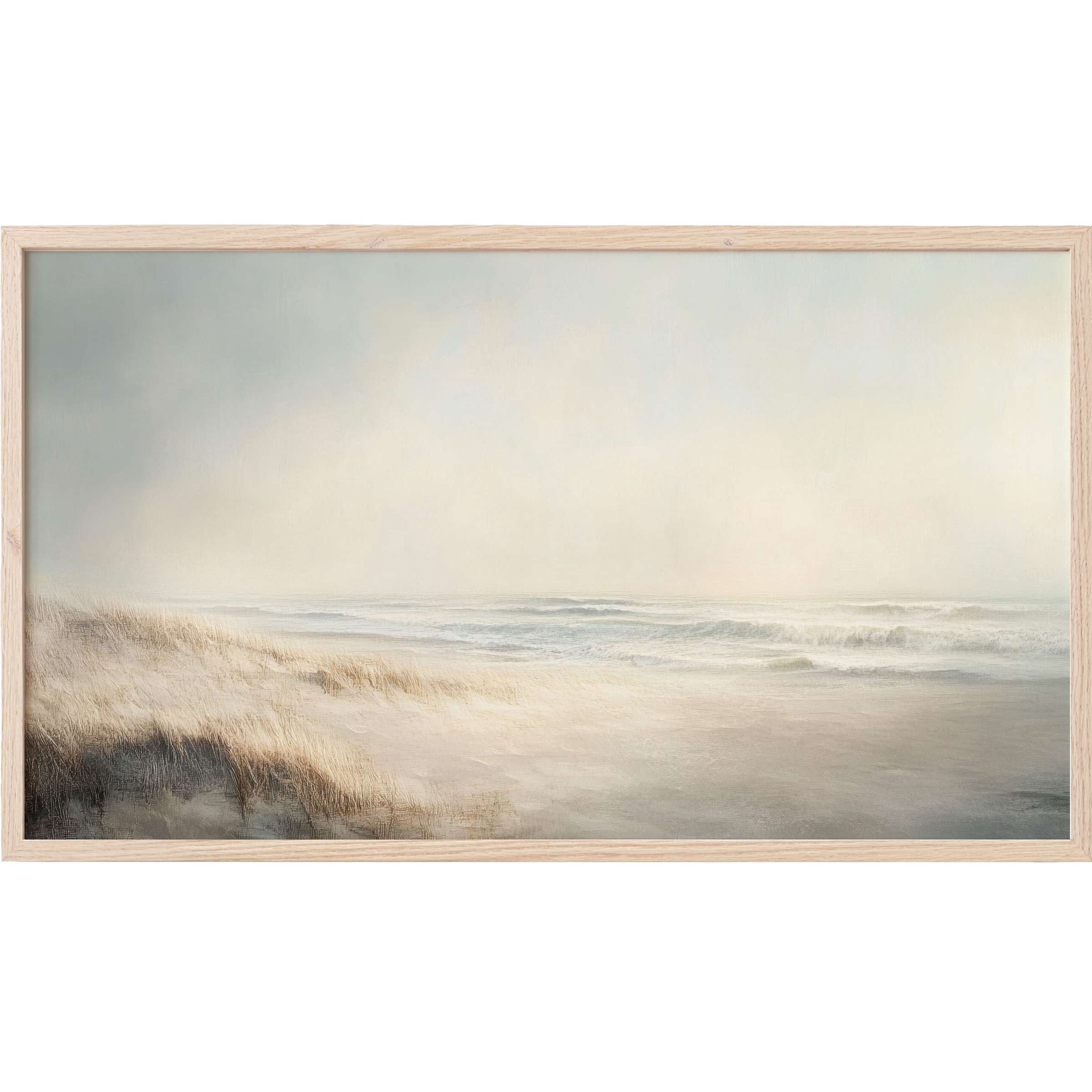 Serene coastal scene in soft neutrals with misty waves and textured dunes, perfect landscape Frame TV Art