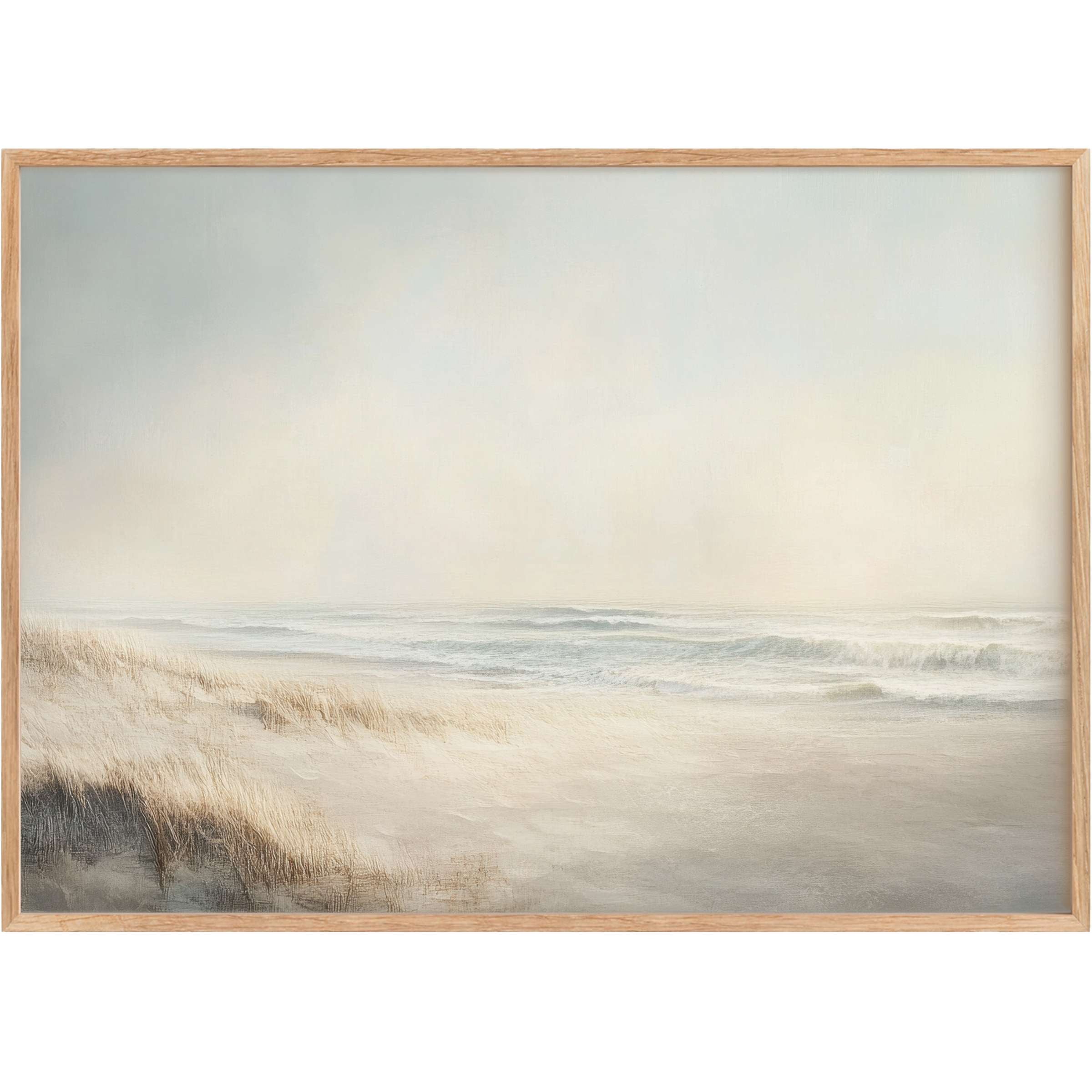 Serene landscape printable wall art capturing a misty shoreline with soft beige dunes and gentle blue-gray waves, evoking calm elegance