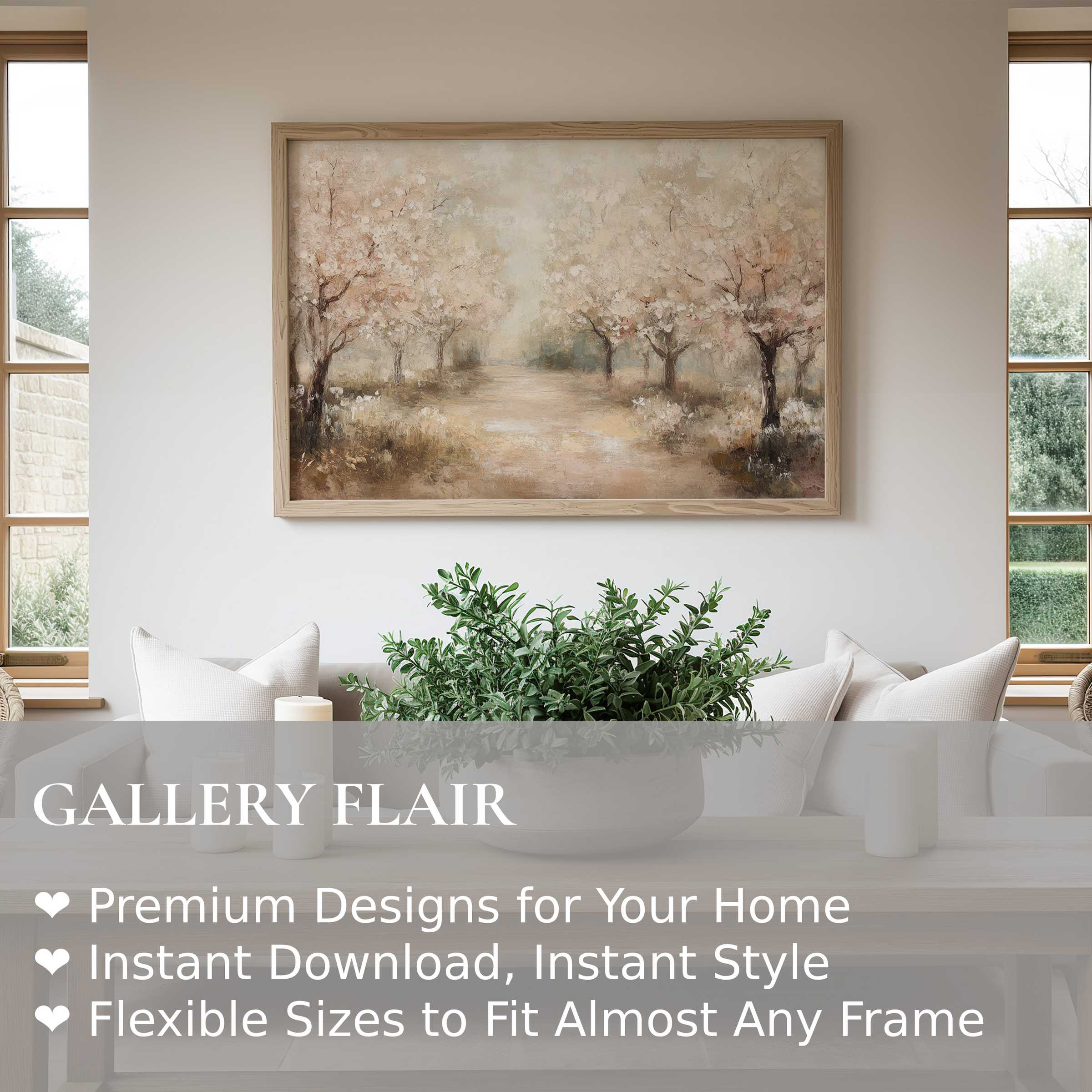 Vintage wall art print capturing a serene tree-lined path in soft, muted tones; enhances modern minimalist interiors with calming elegance
