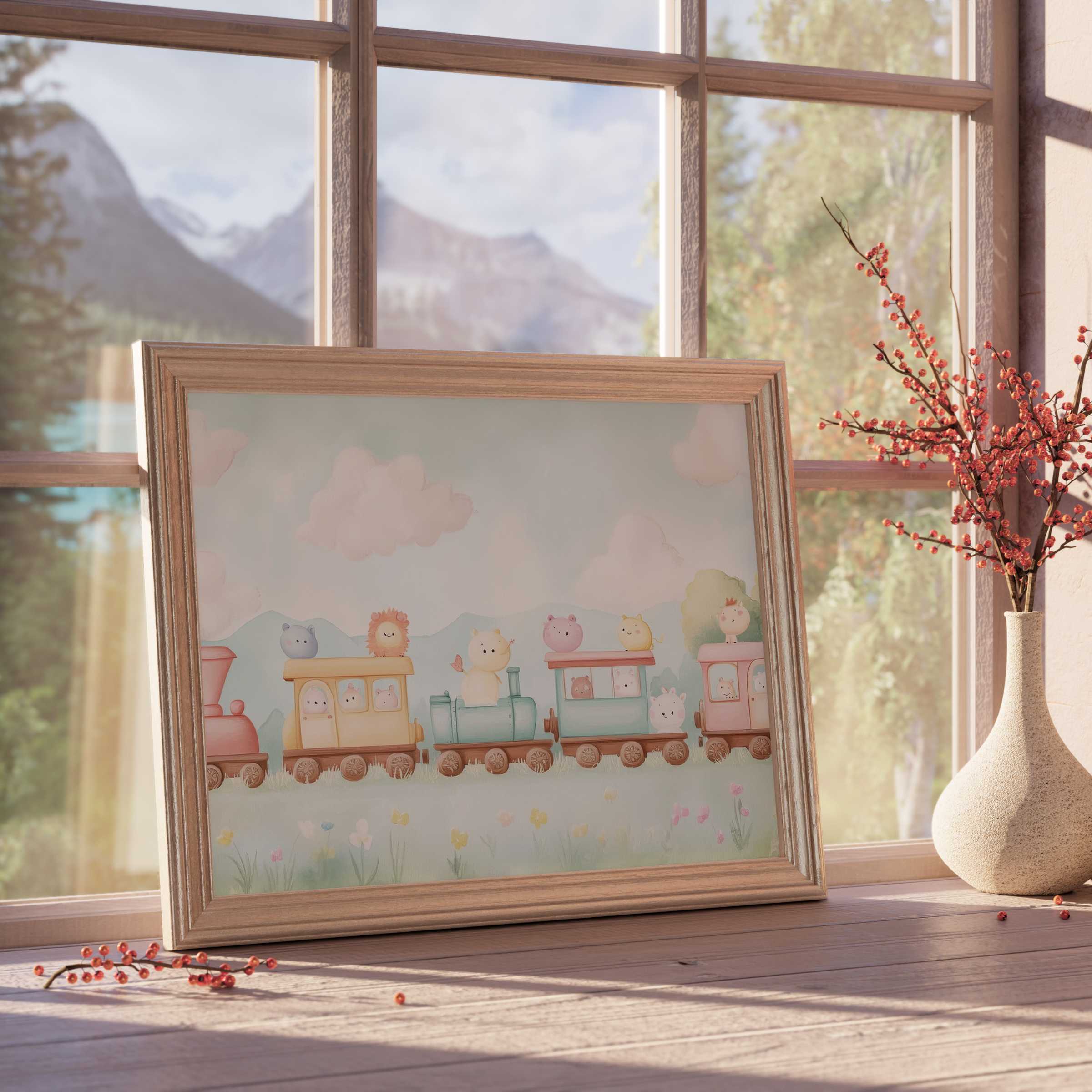 Whimsical nursery downloadable art featuring pastel animal train, enhancing serene, curated spaces with playful charm and soft elegance