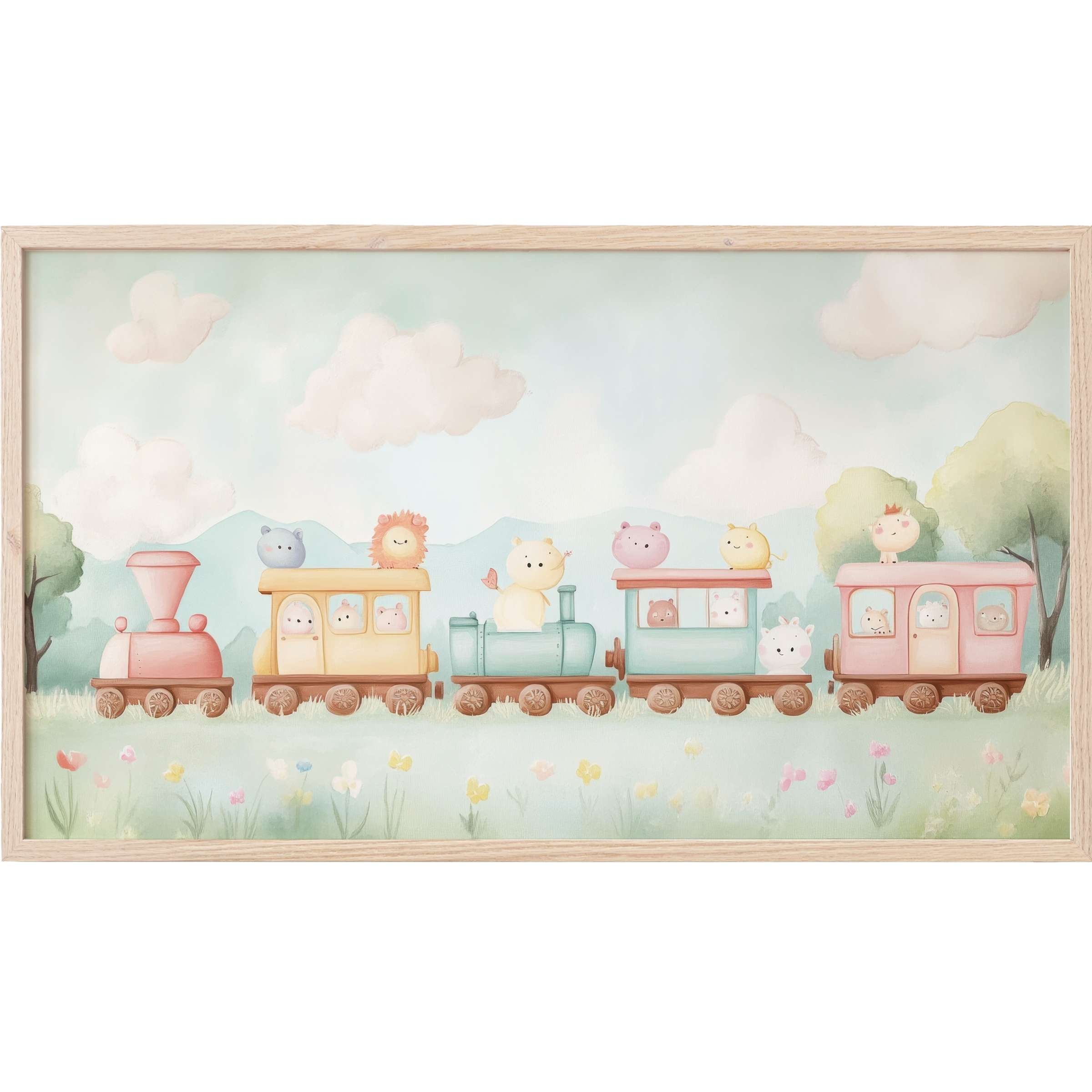 Whimsical pastel train with cute animals in soft blues, pinks, and yellows, perfect nursery Frame TV Art