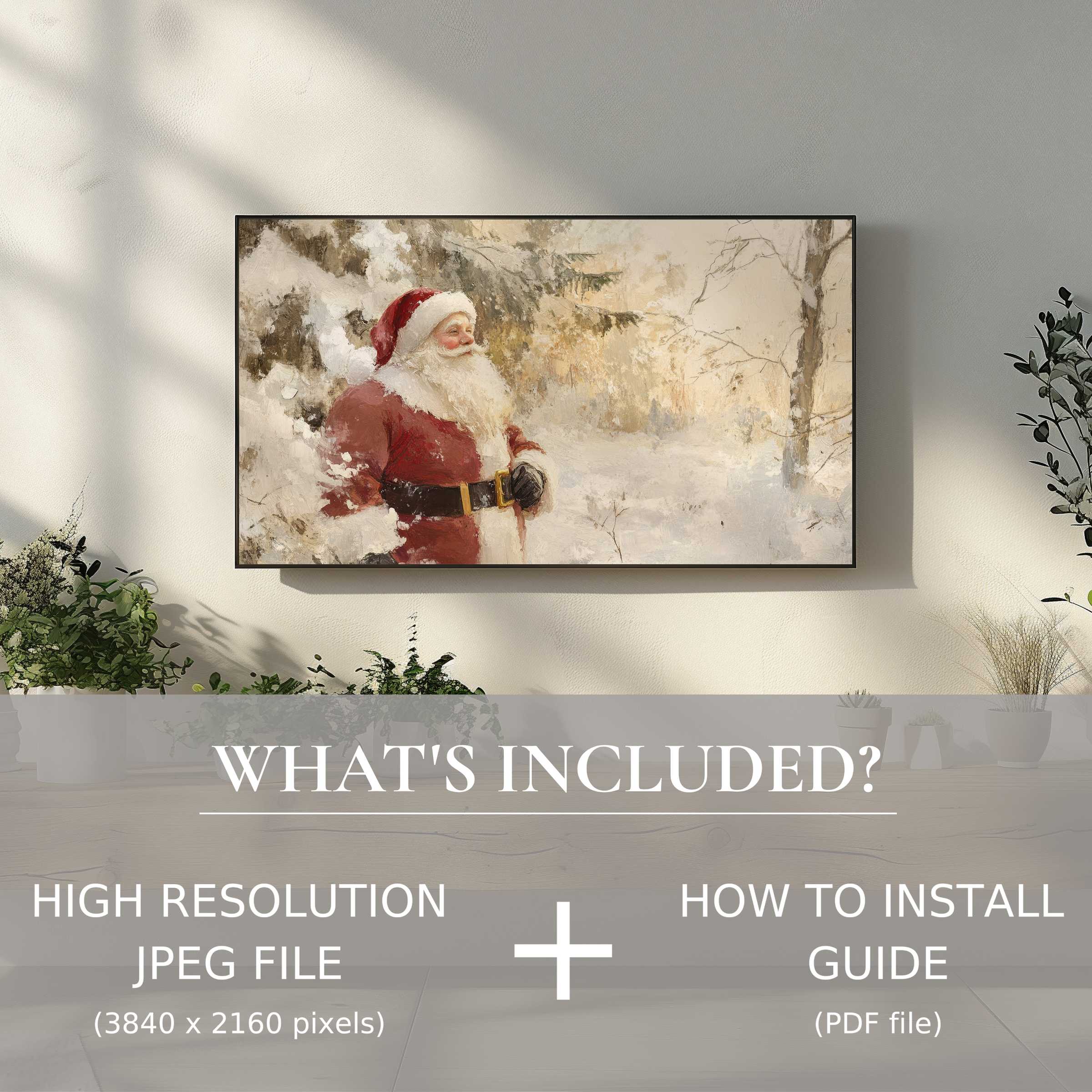 Elegant Christmas digital TV art download featuring Santa, enhancing modern living spaces with effortless digital use