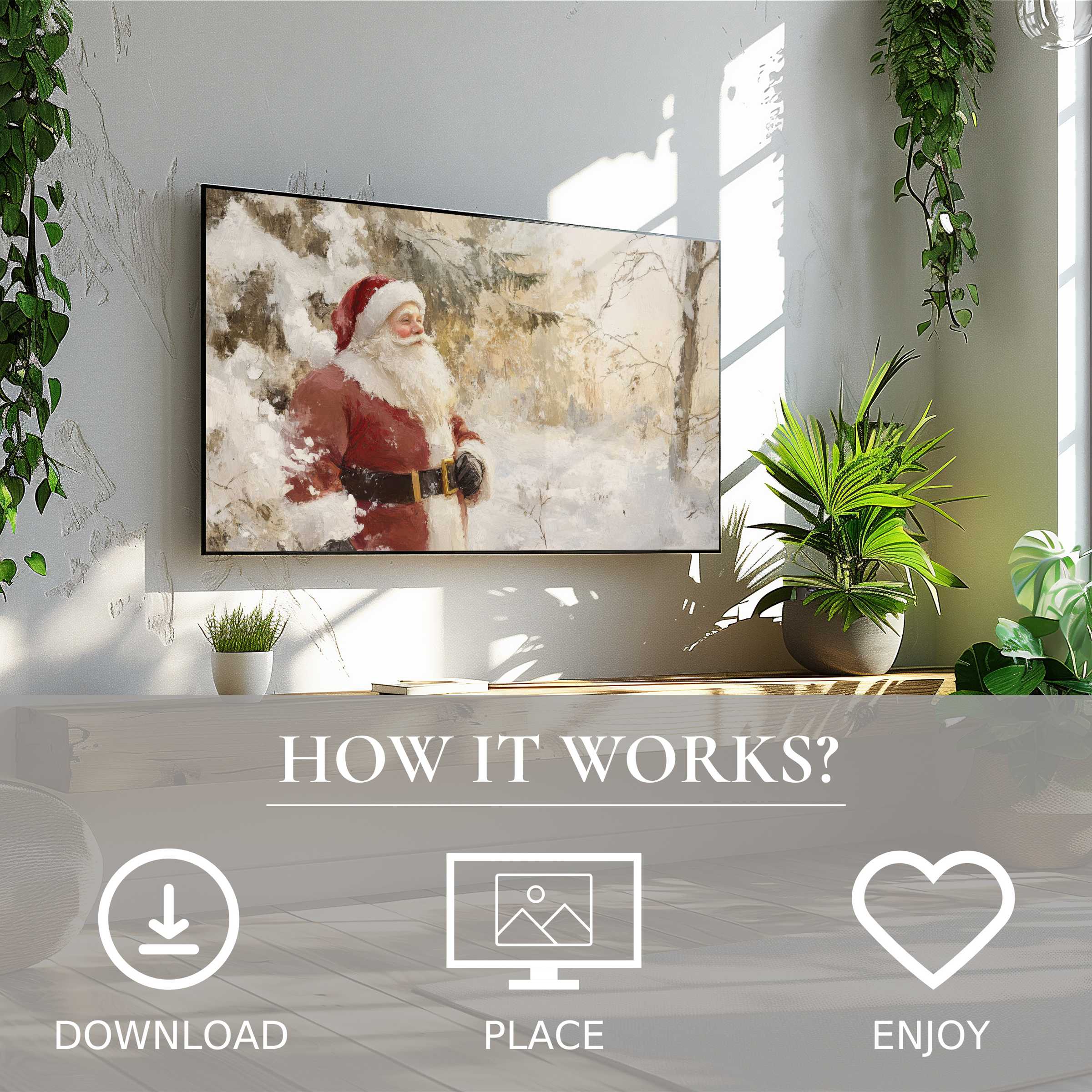 Modern living room with easy digital download; christmas art for Samsung TV shows warm Santa in soft sunset tones