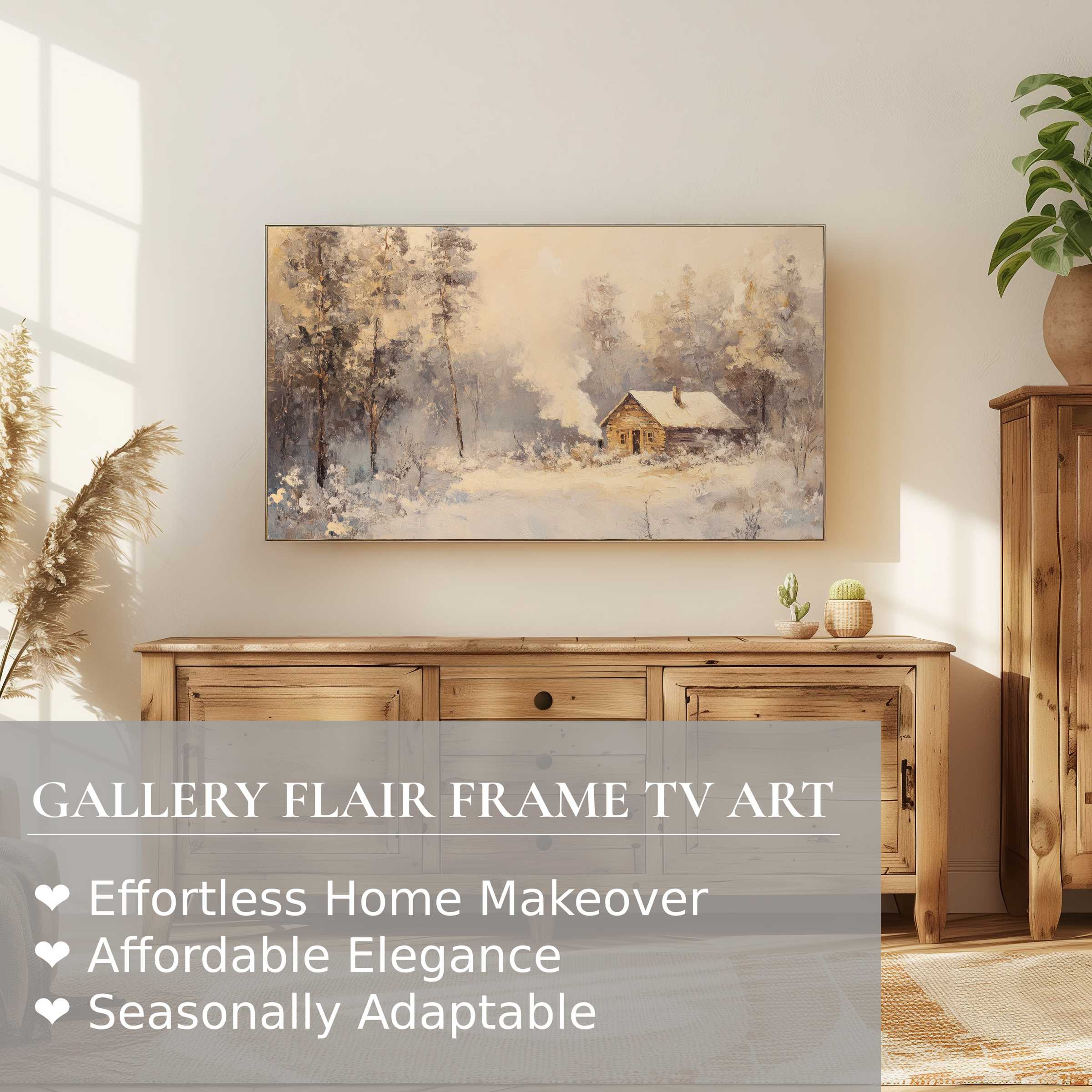 Samsung Frame TV displaying a serene winter digital artwork of a cozy cabin in a softly lit forest setting