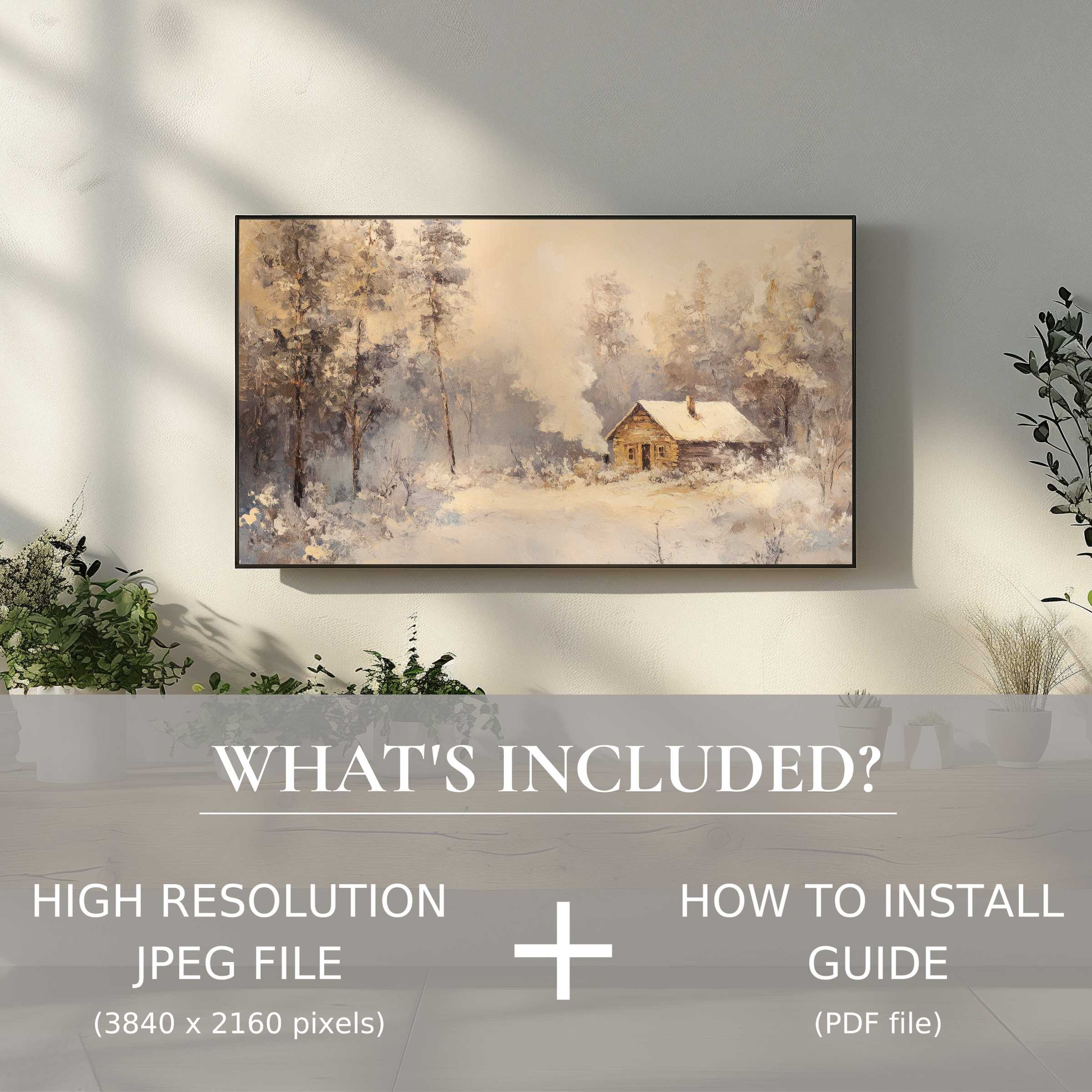 Elegant winter digital TV art download, easy to use, enhances modern living spaces with cozy nature scenes
