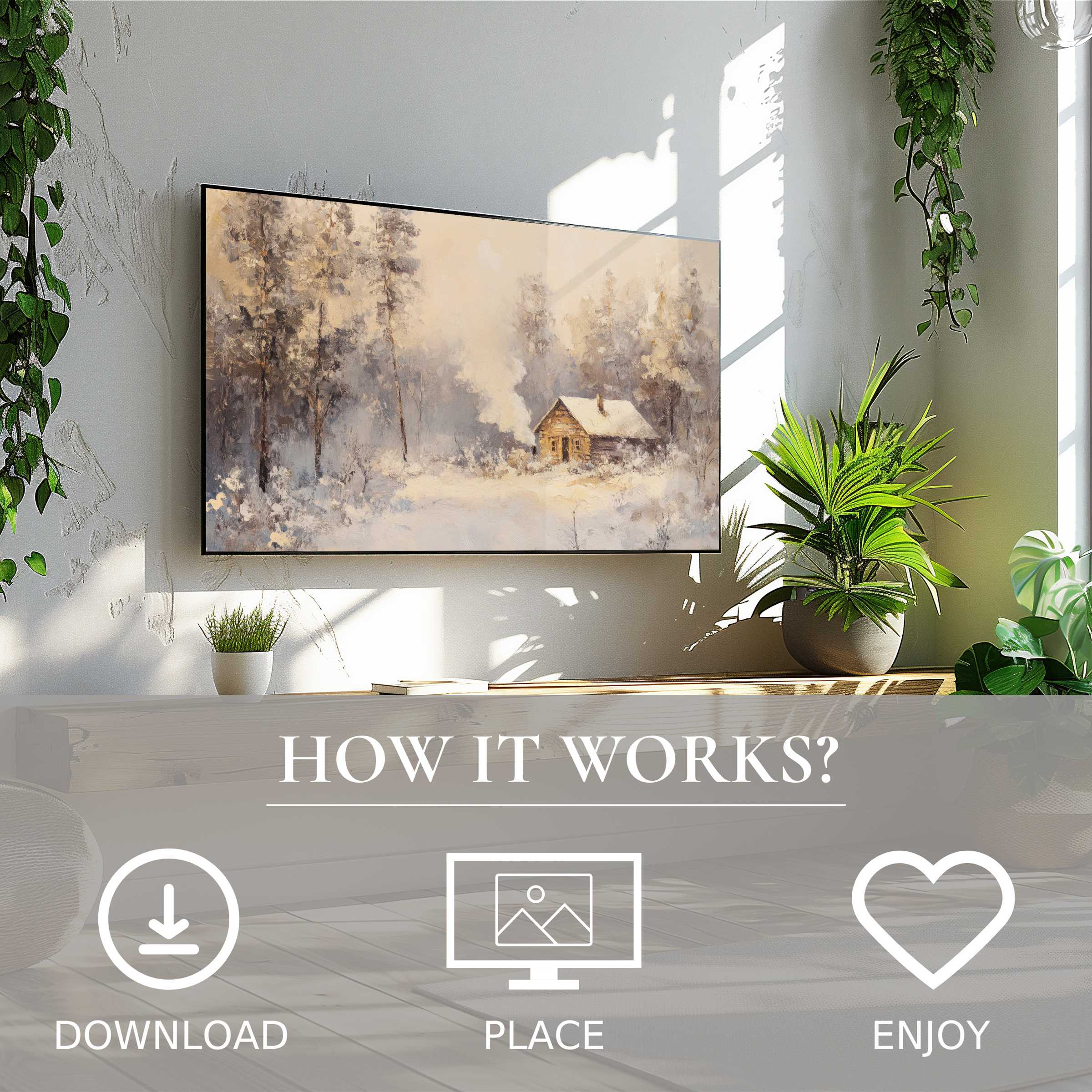 Winter art for Samsung TV showing soft snowy landscape with cabin, easy digital download enriches modern living spaces
