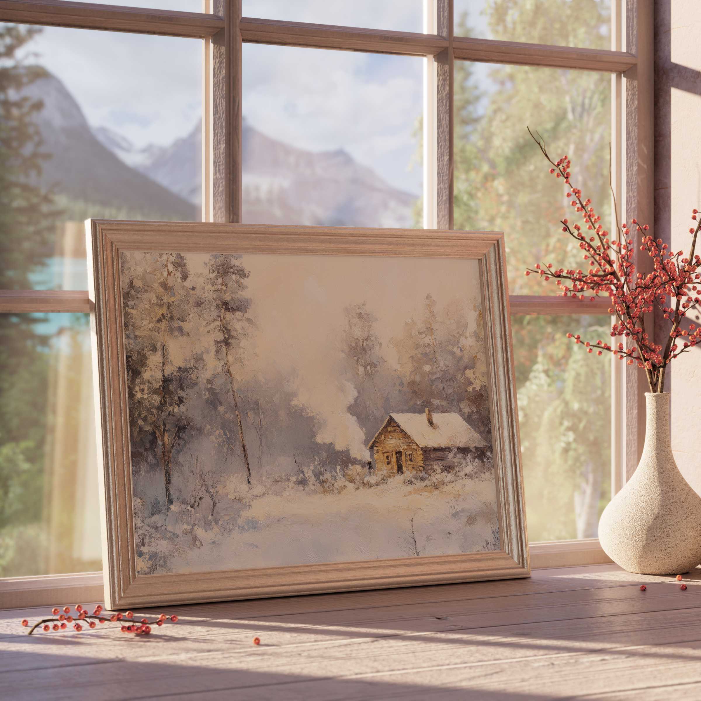 Winter downloadable art capturing a serene snowy cabin scene, perfect for elevating tranquil, curated interiors with natural elegance