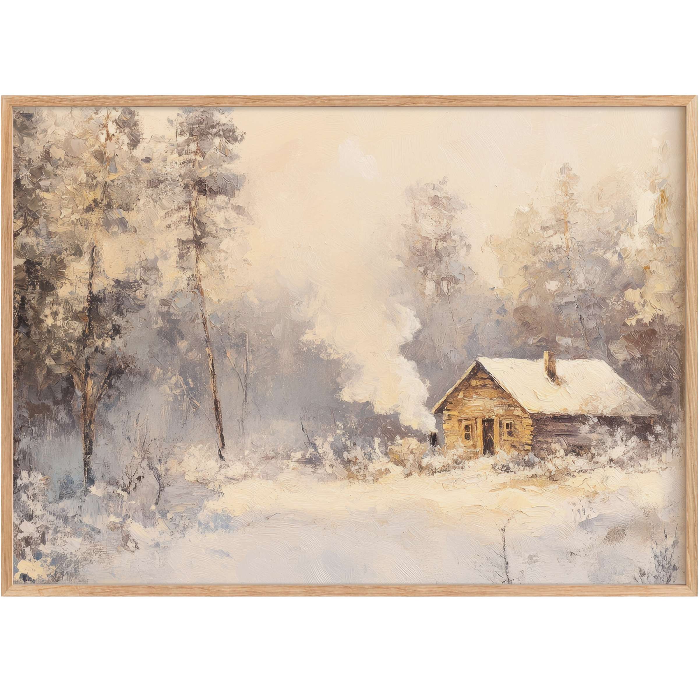 Serene winter printable wall art featuring a cozy cabin amidst soft snow and muted gray trees, evoking warmth and calm