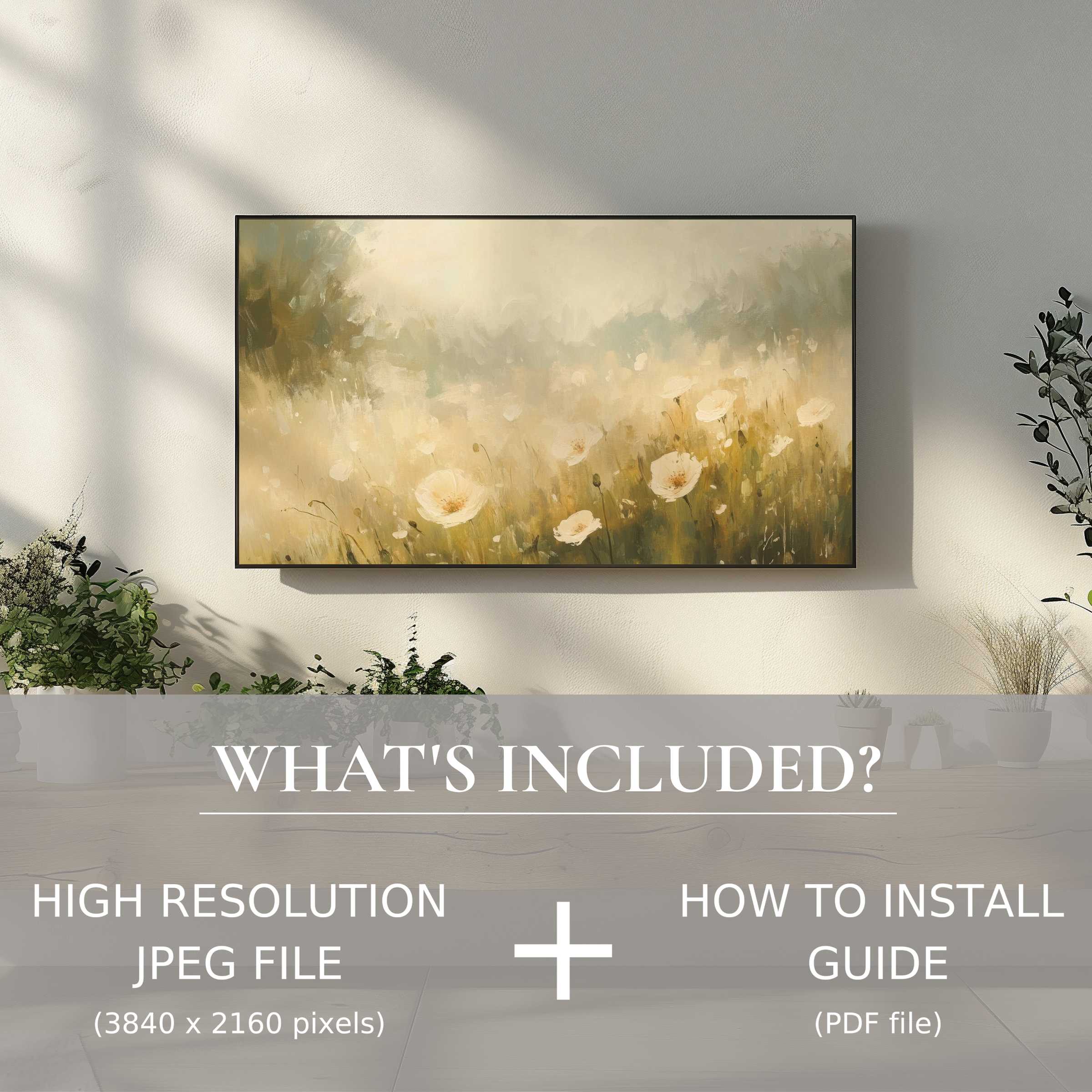 Spring digital TV art download showcasing soft florals, easy digital use, enhancing your elegant modern living space