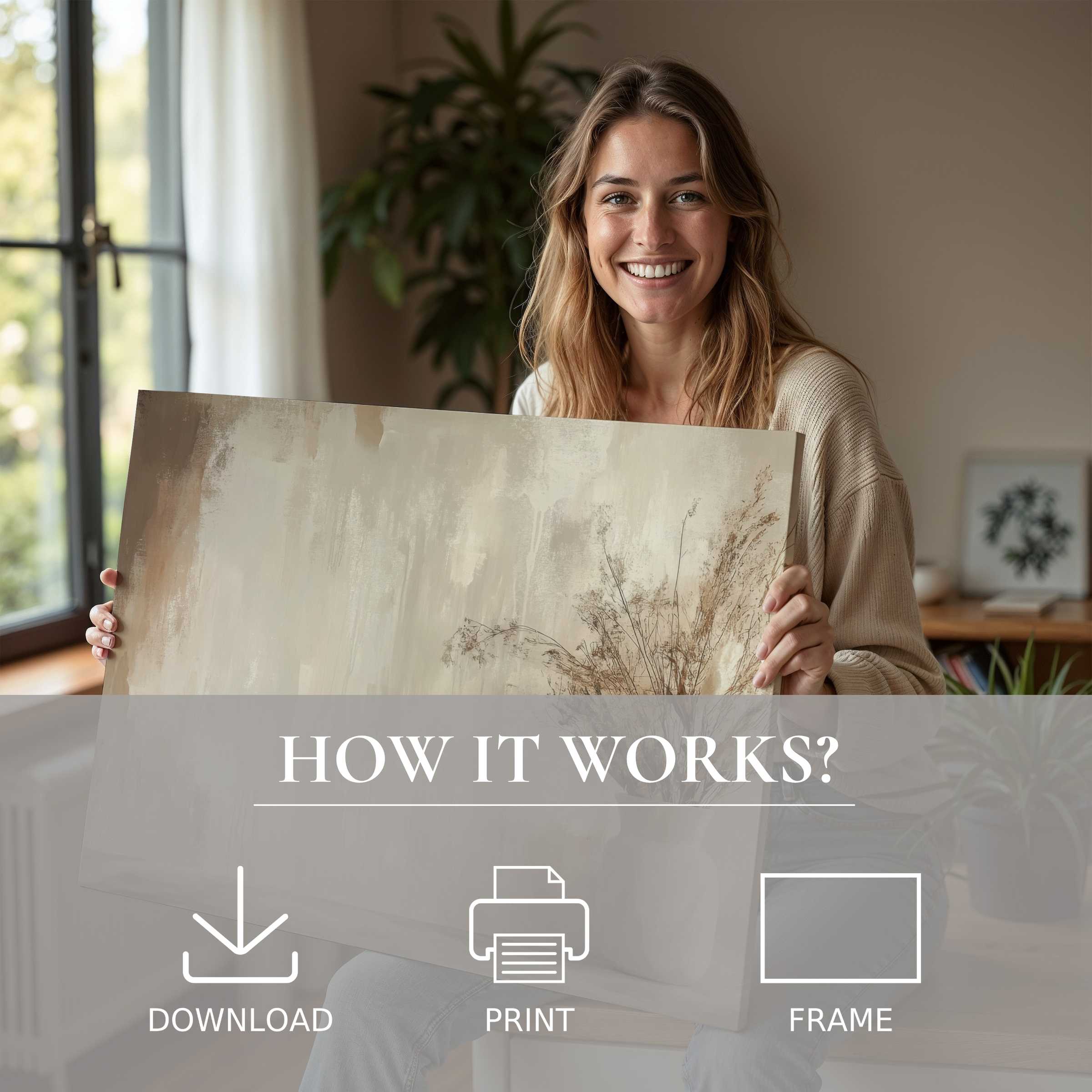 Radiant joy fills a modern living space as a serene boho digital art print transforms the home with effortless elegance