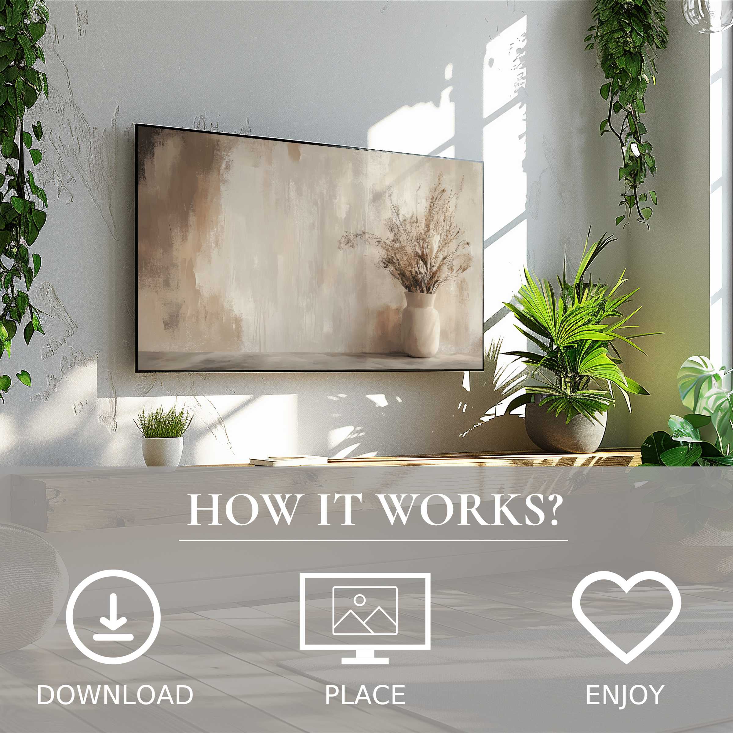 Boho art for Samsung TV with soft neutral tones, easy digital download, enhancing light-filled modern living spaces