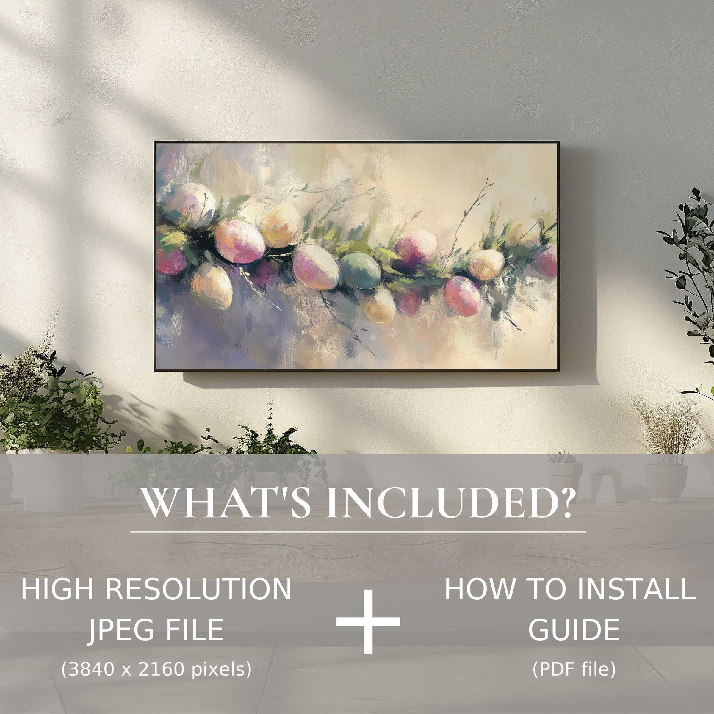 Elegant easter digital TV art download with easy use, enhancing living spaces with soft pastel egg design and modern style